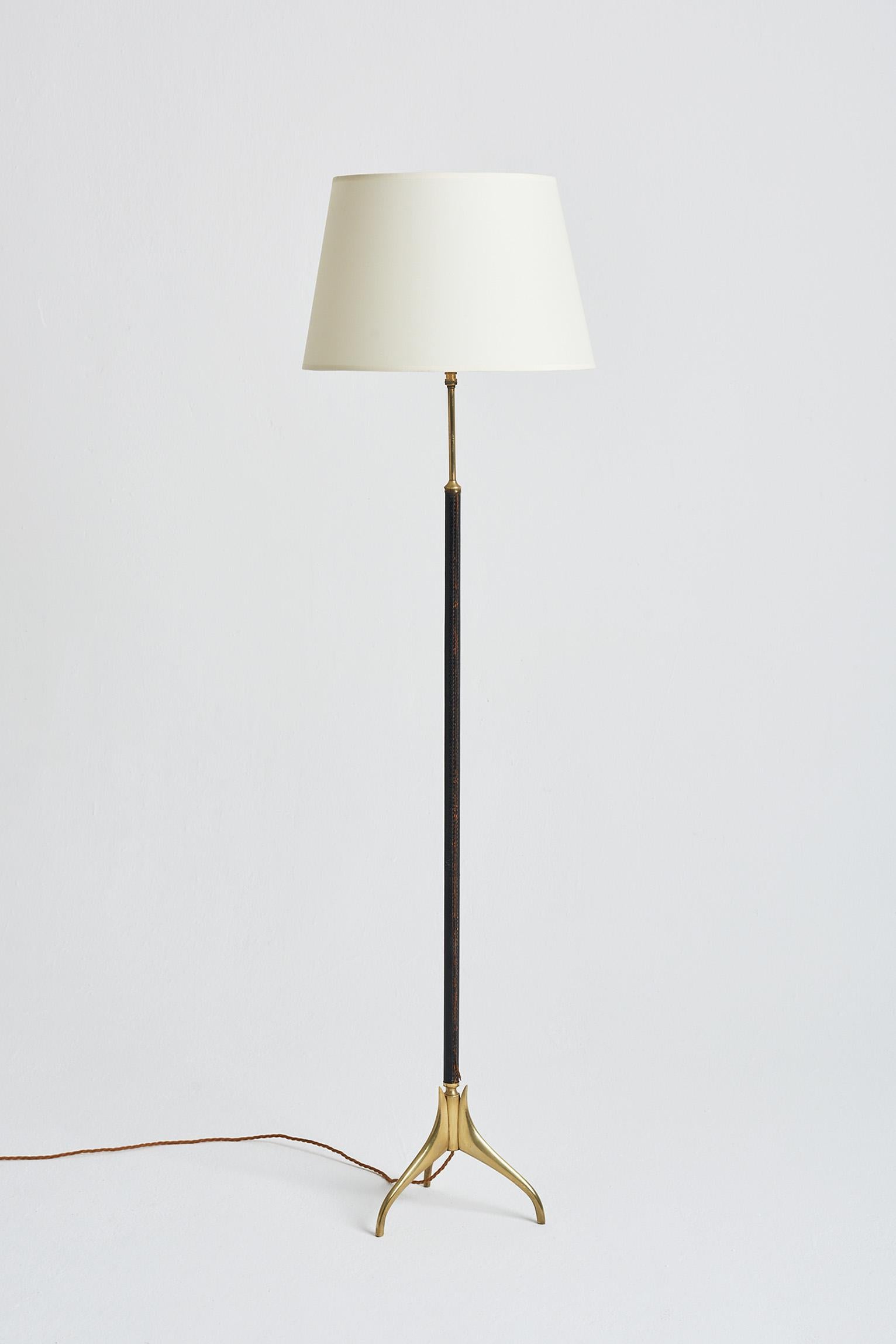 Mid-Century Modern Black Leather and Brass Floor Lamp