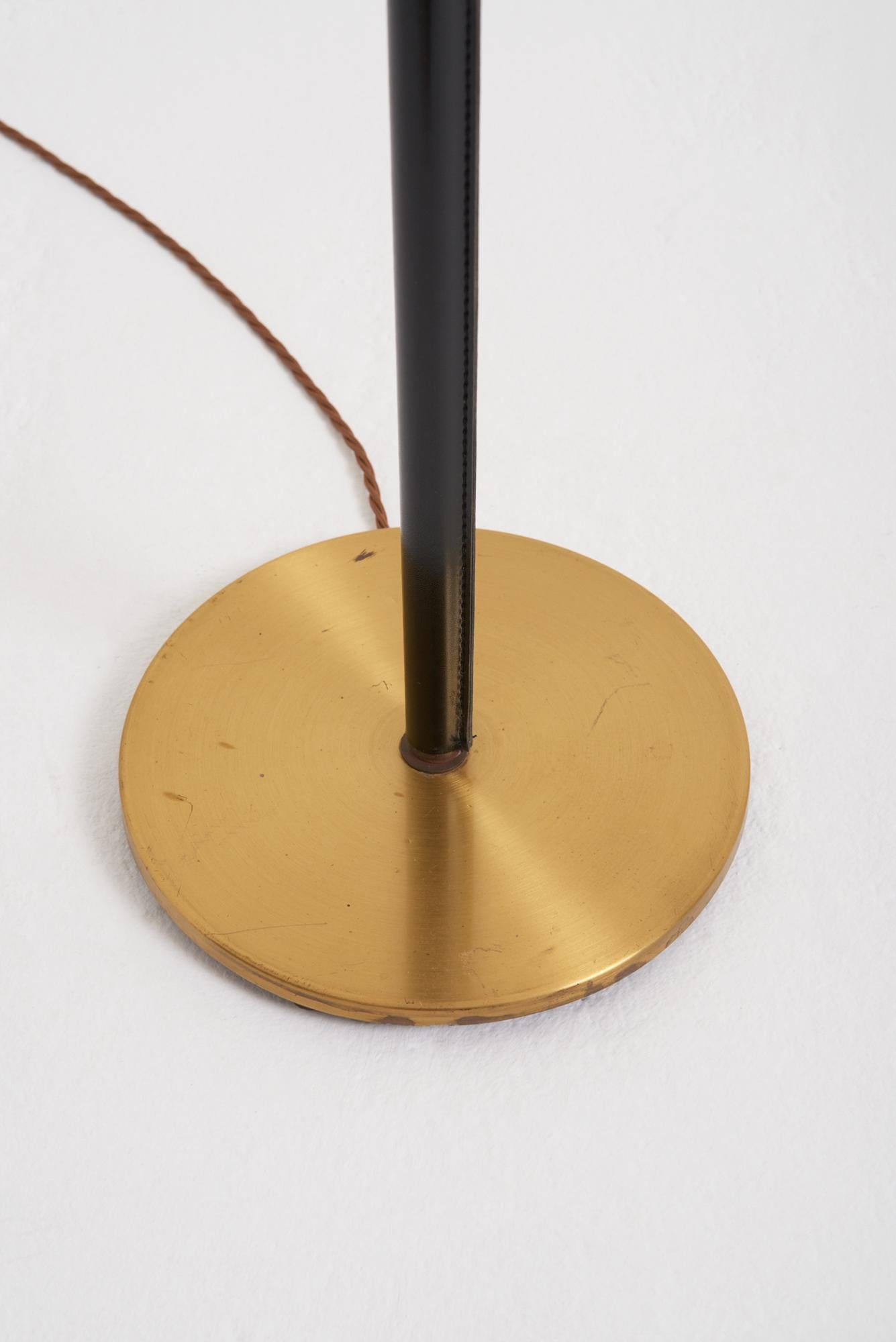 Swedish Black Leather and Brass Floor Lamp For Sale