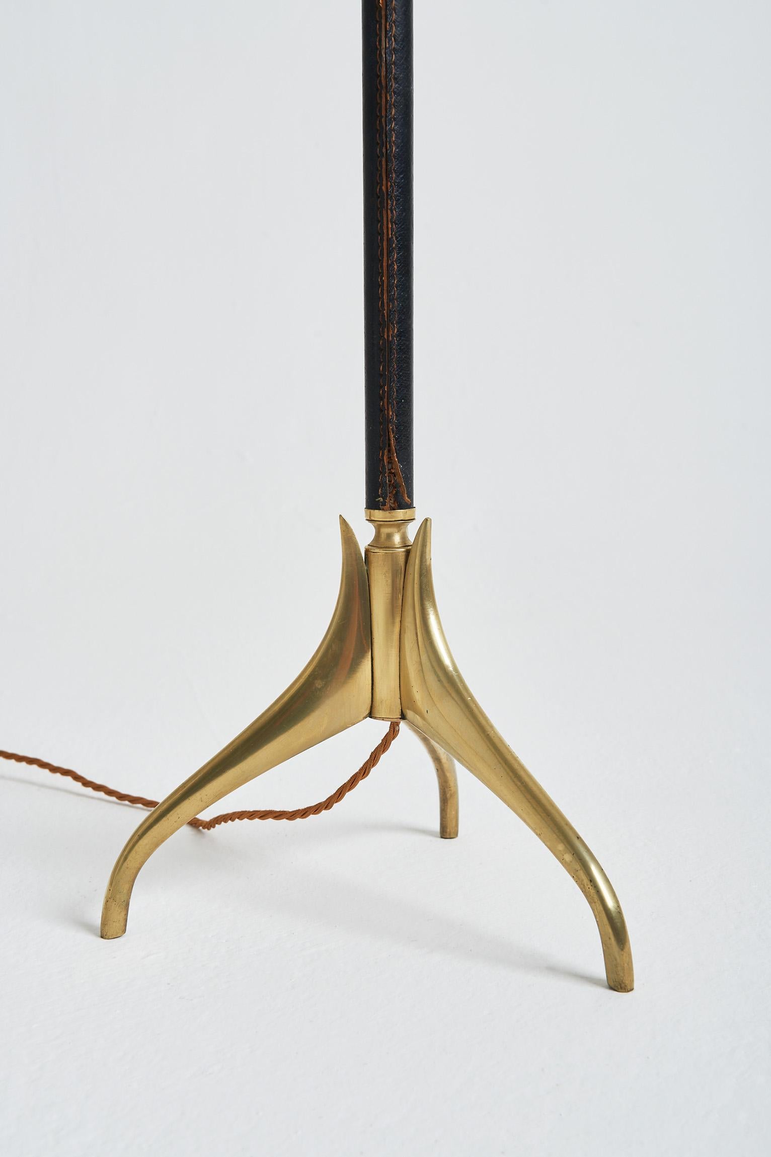 20th Century Black Leather and Brass Floor Lamp