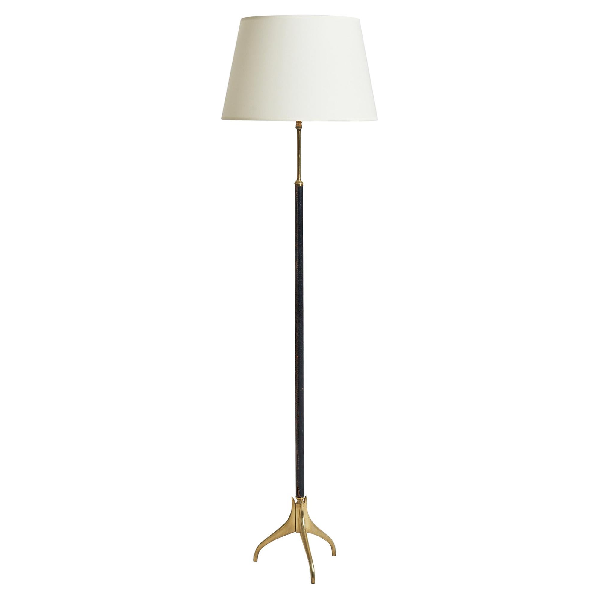 Black Leather and Brass Floor Lamp