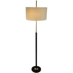 Black Leather and Brass Floor Lamp in a Manner of Jacques Adnet, France, 1950s