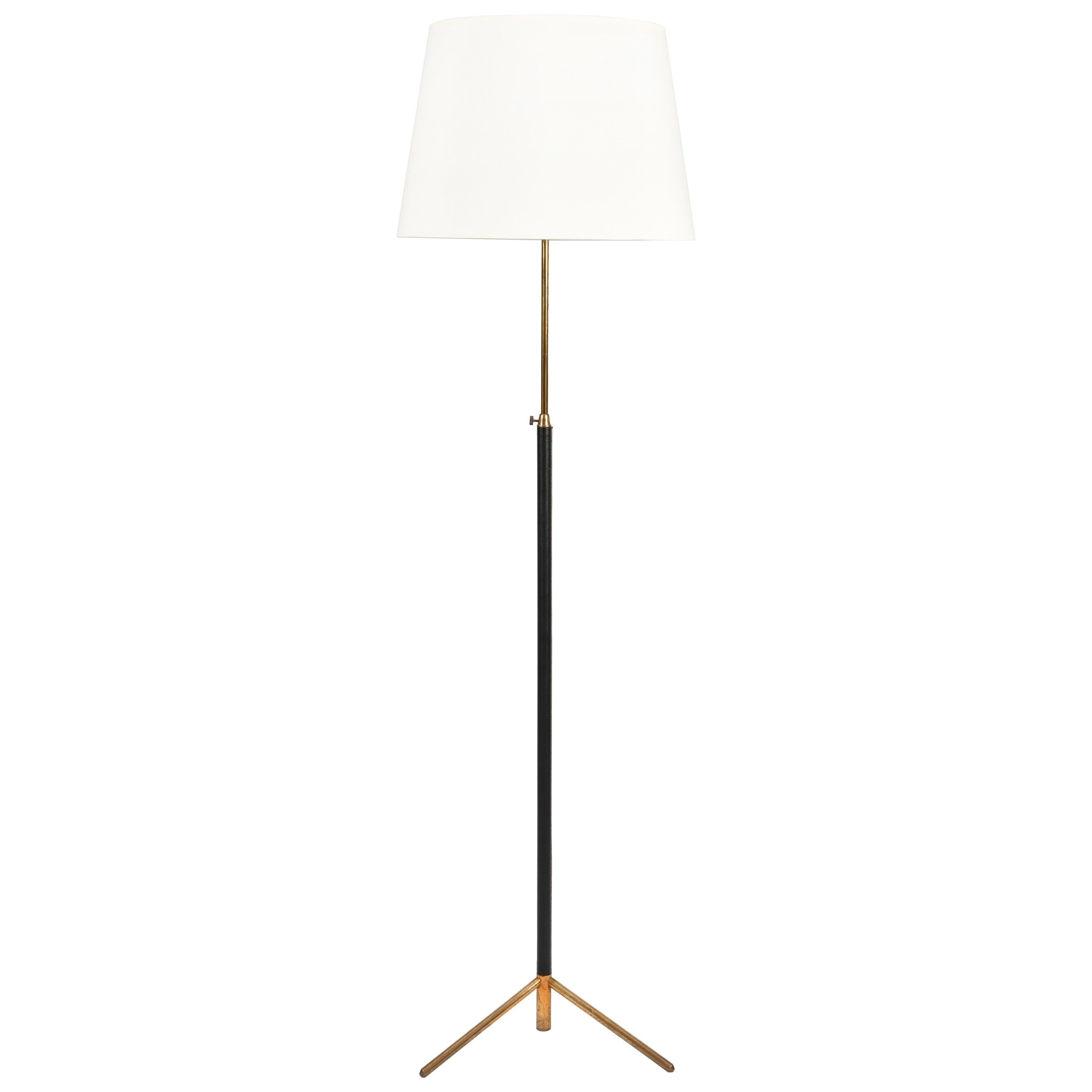 Black Leather and Brass Tripod Floor Lamp, in the Manner of Jacques Adnet