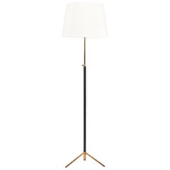 Black Leather and Brass Tripod Floor Lamp, in the Manner of Jacques Adnet