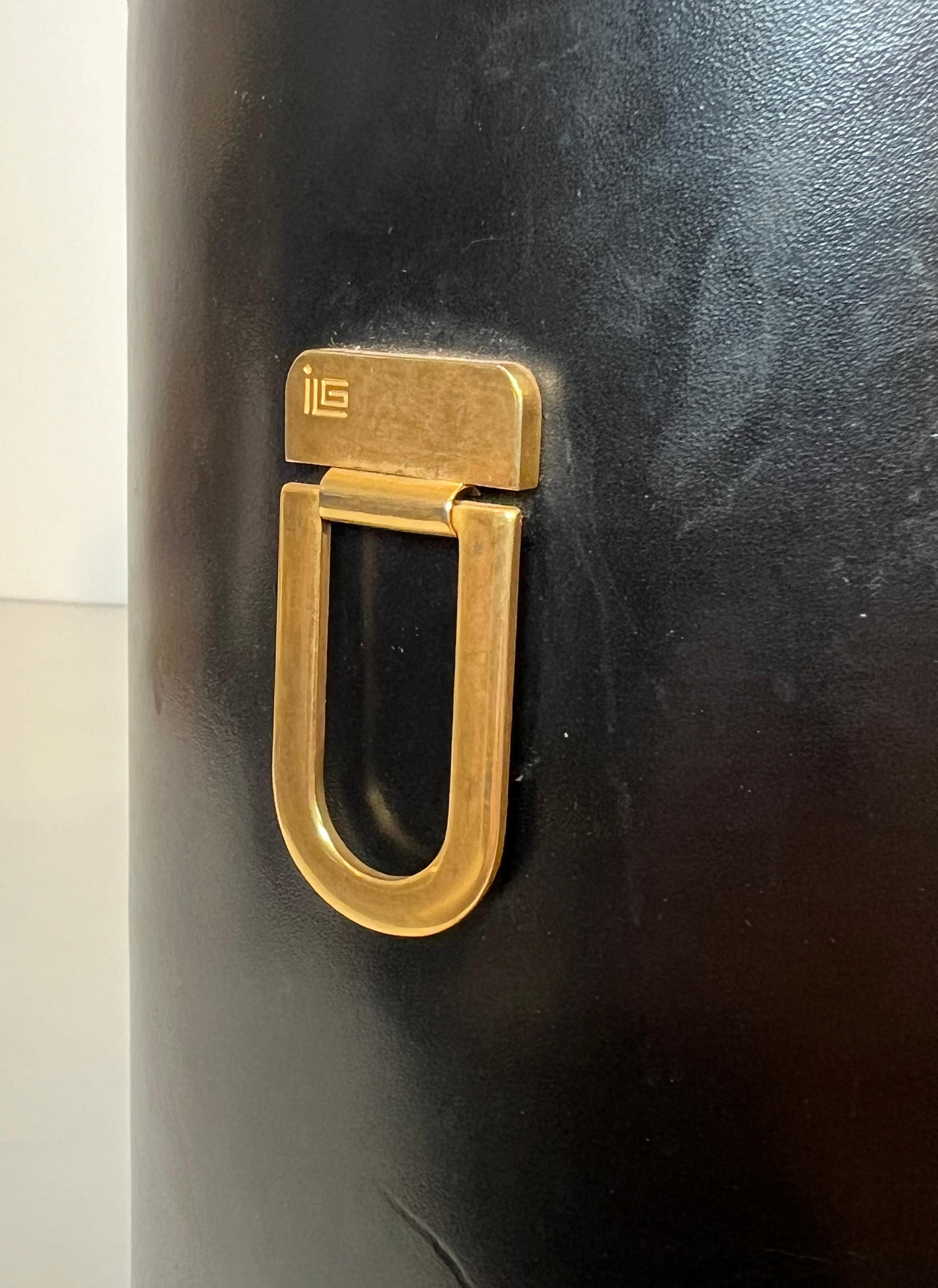 Black Leather and Brass Waste Paper Basket in the Style of Jacques Adnet For Sale 4