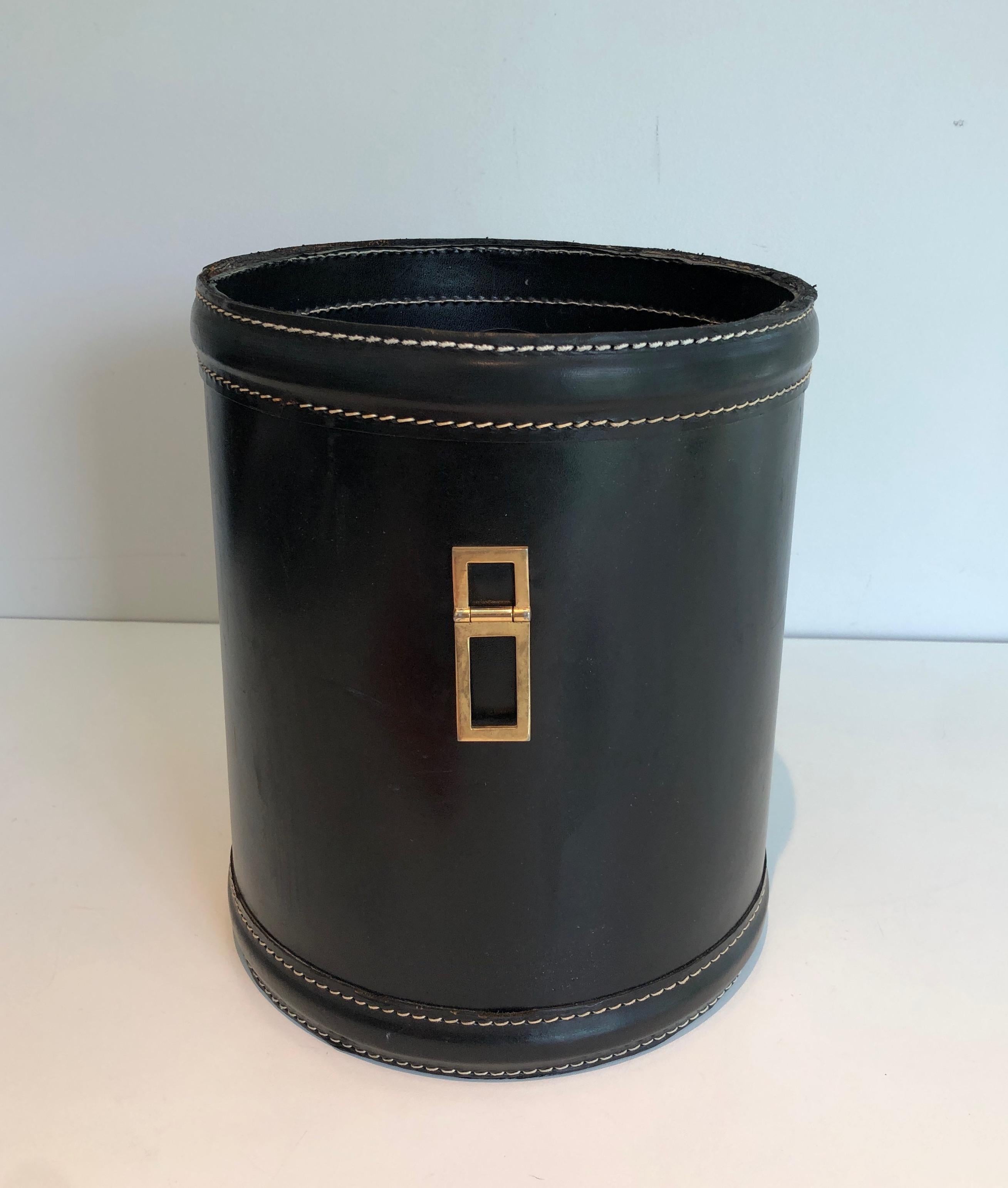 Black Leather and Brass Waste Paper Basket in the Style of Jacques Adnet 5