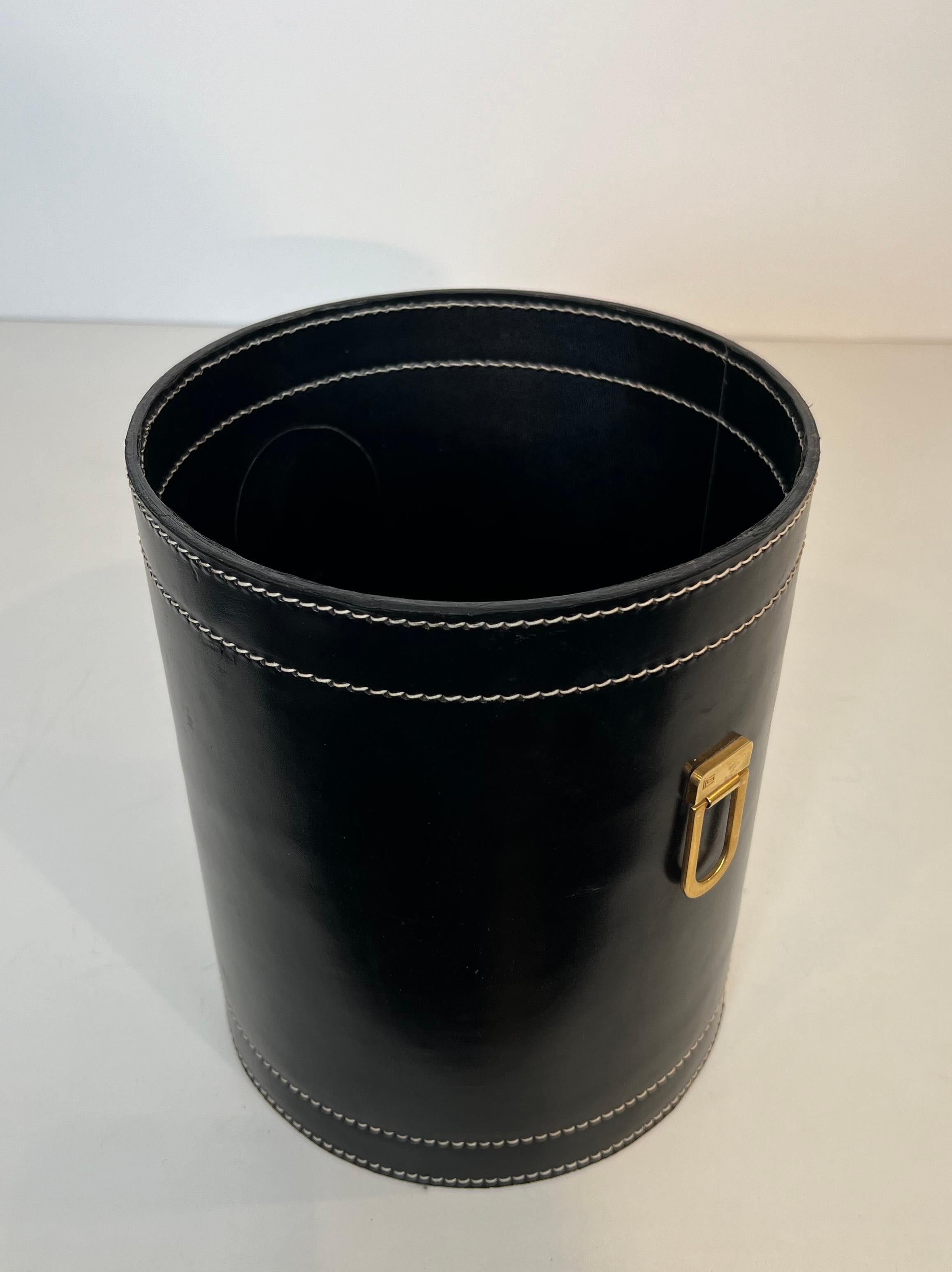 Black Leather and Brass Waste Paper Basket in the Style of Jacques Adnet For Sale 6