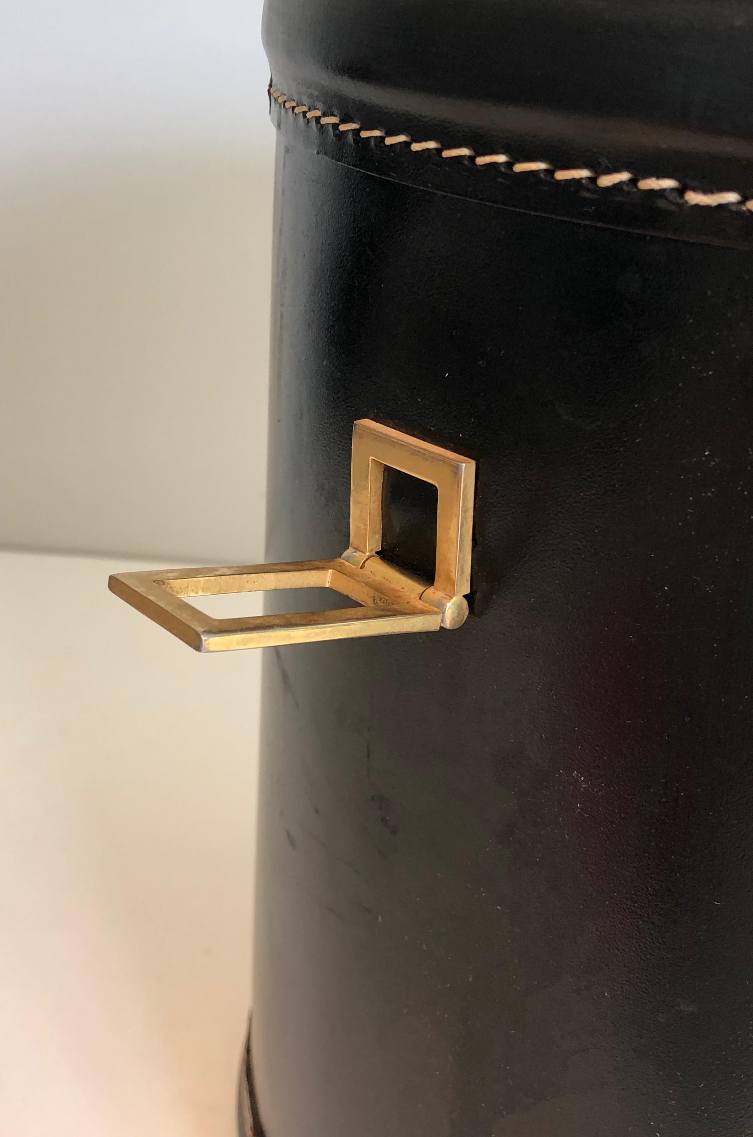 Black Leather and Brass Waste Paper Basket in the Style of Jacques Adnet 6