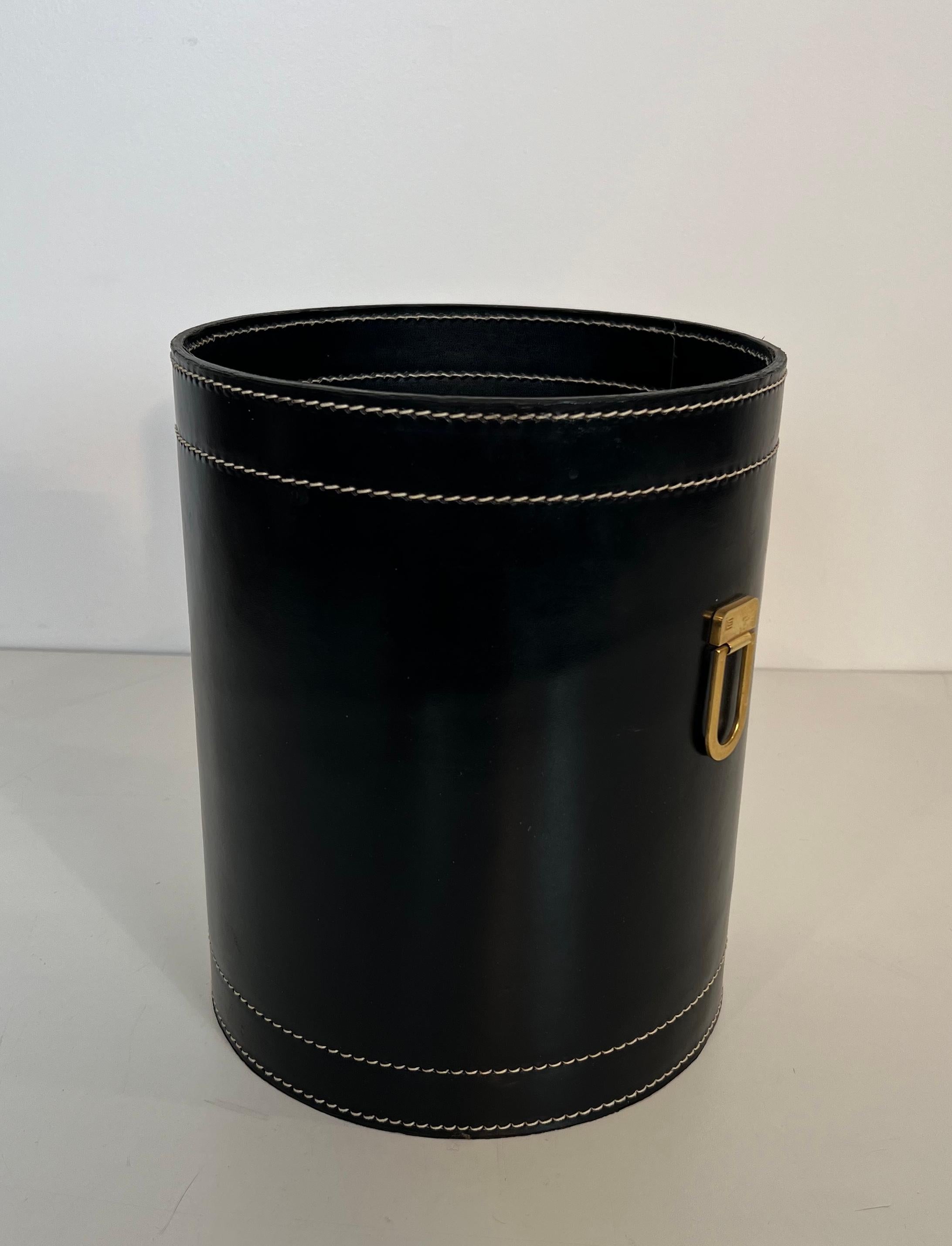 Black Leather and Brass Waste Paper Basket in the Style of Jacques Adnet For Sale 7