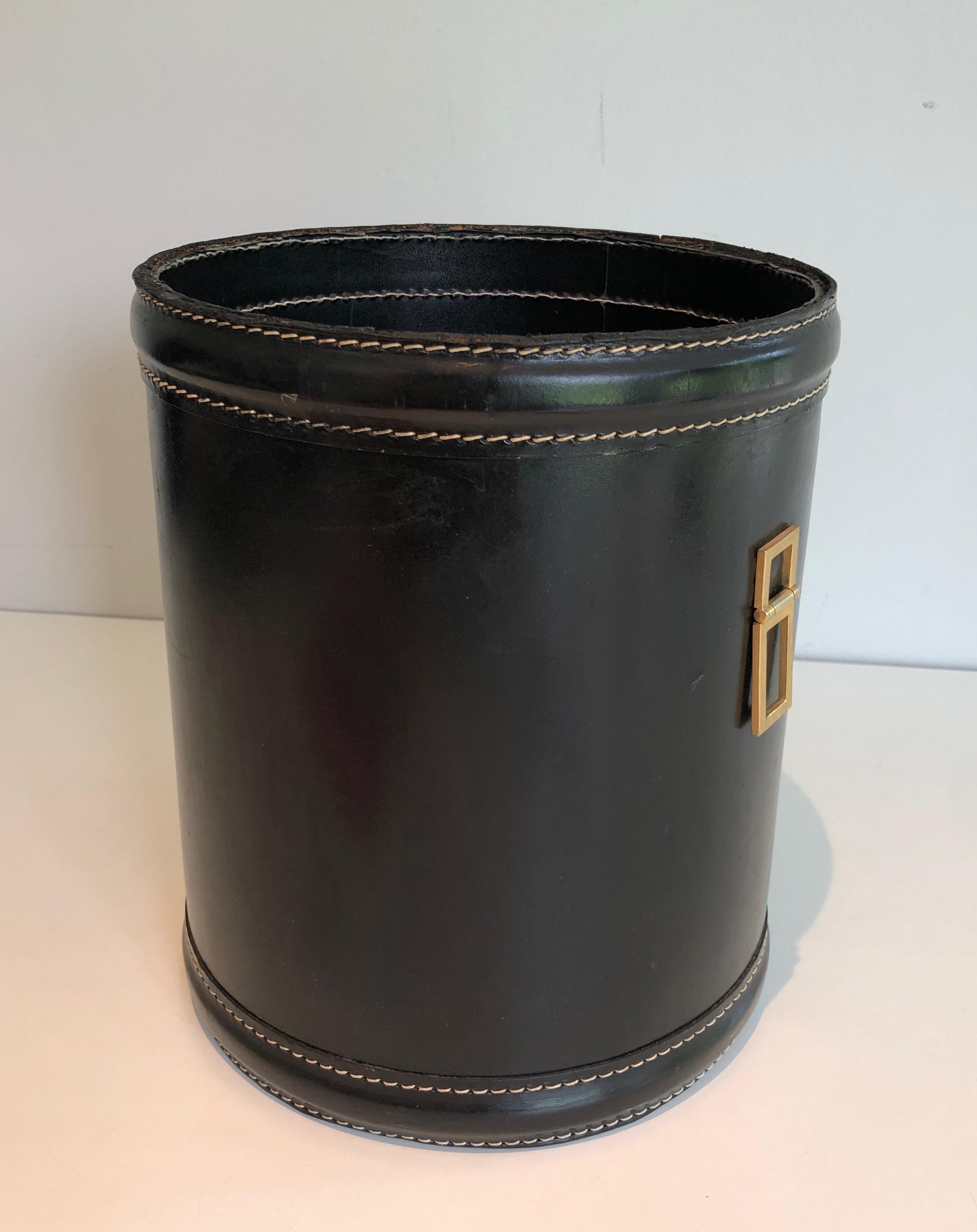 Black Leather and Brass Waste Paper Basket in the Style of Jacques Adnet 7