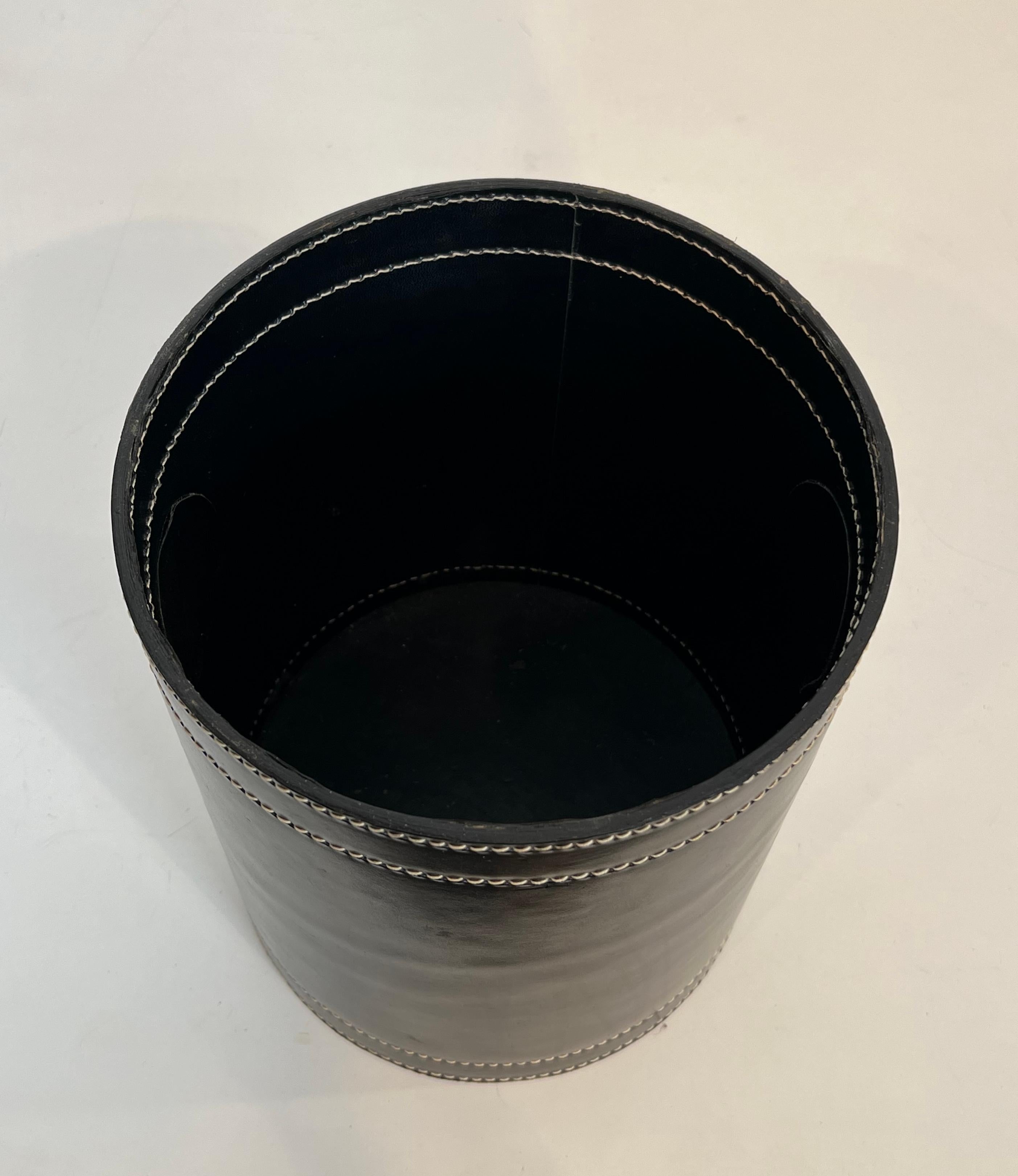 Black Leather and Brass Waste Paper Basket in the Style of Jacques Adnet For Sale 8
