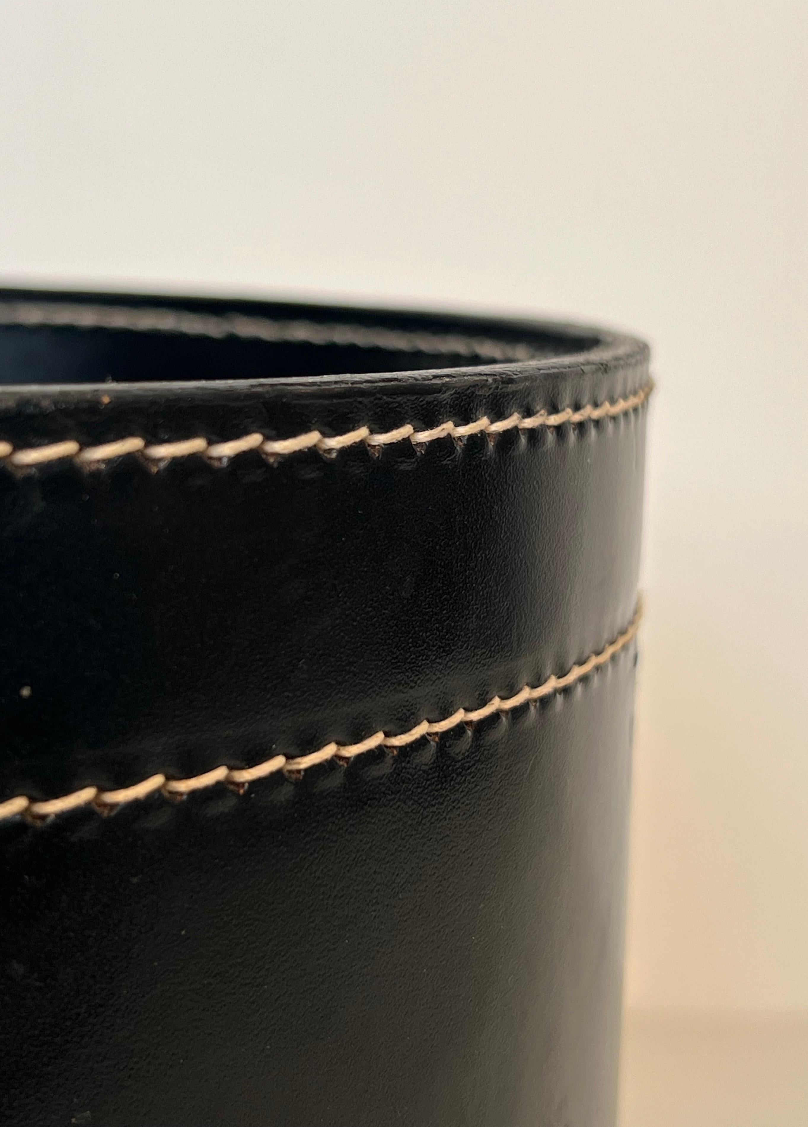 Black Leather and Brass Waste Paper Basket in the Style of Jacques Adnet For Sale 9