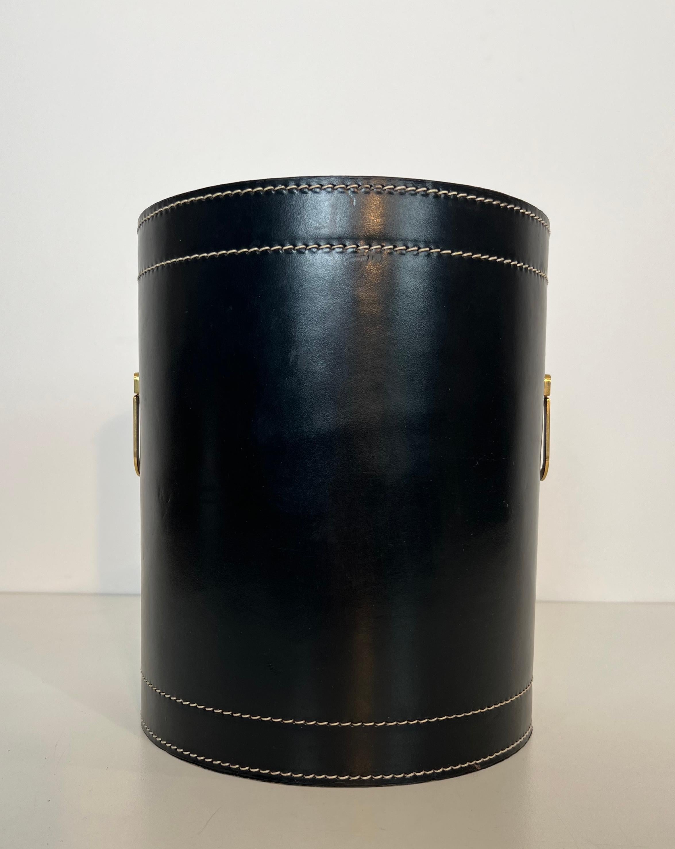 Black Leather and Brass Waste Paper Basket in the Style of Jacques Adnet For Sale 12