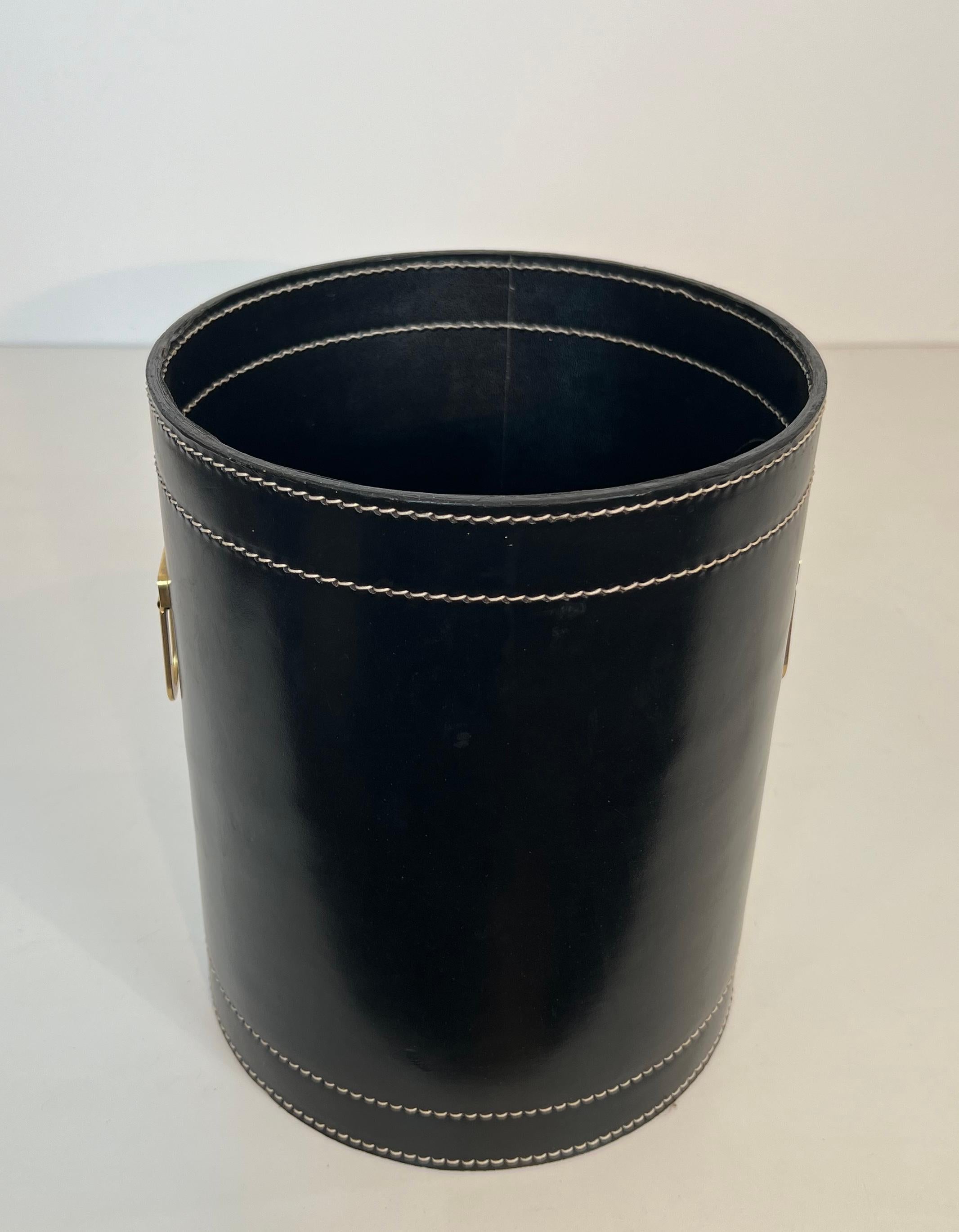 Black Leather and Brass Waste Paper Basket in the Style of Jacques Adnet For Sale 13