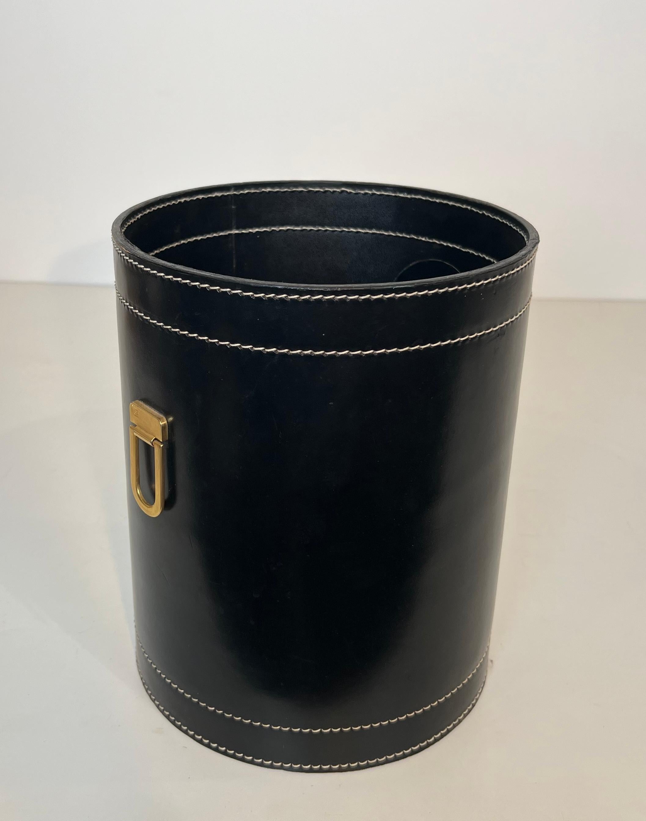 Black Leather and Brass Waste Paper Basket in the Style of Jacques Adnet For Sale 14