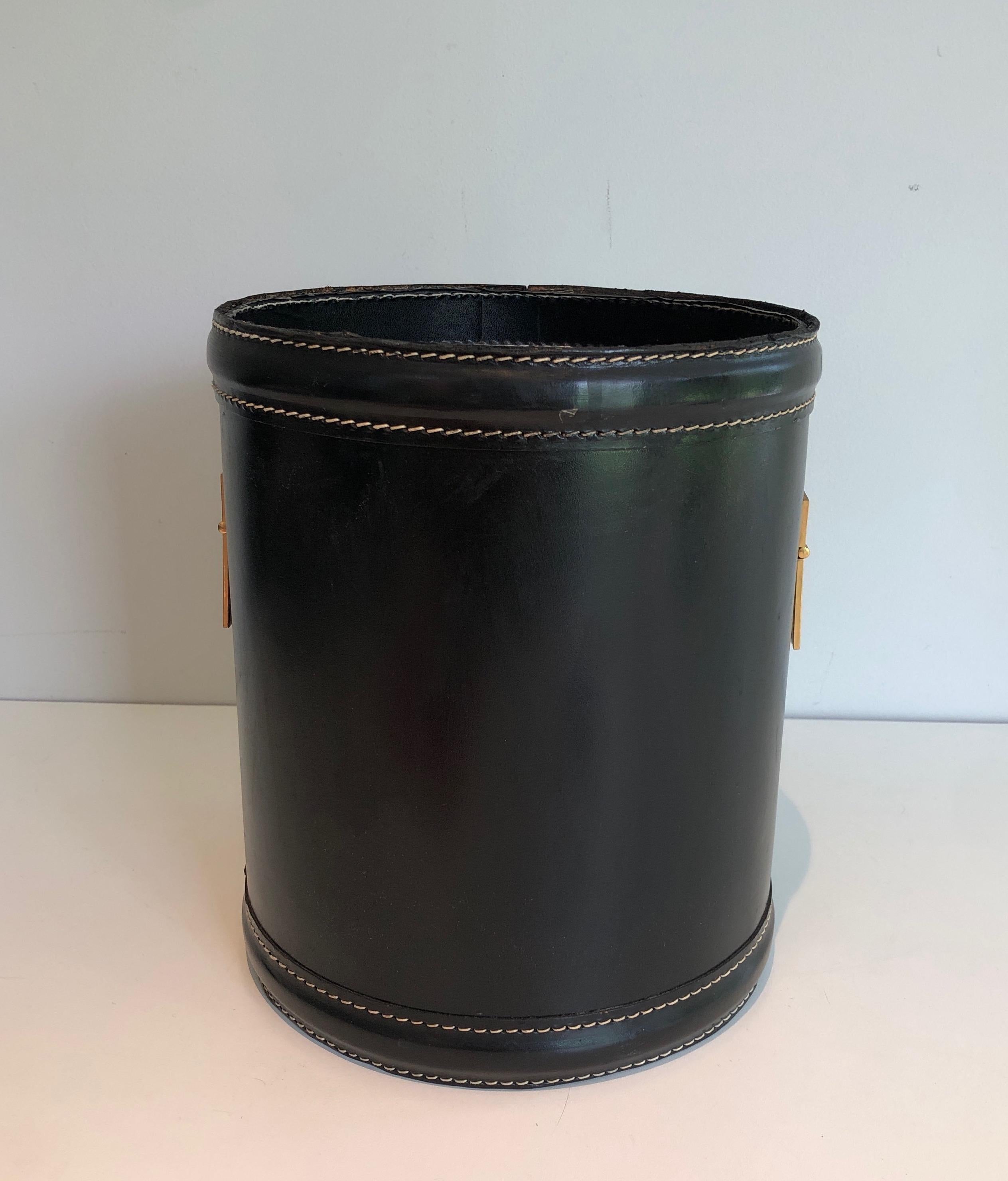 Mid-Century Modern Black Leather and Brass Waste Paper Basket in the Style of Jacques Adnet