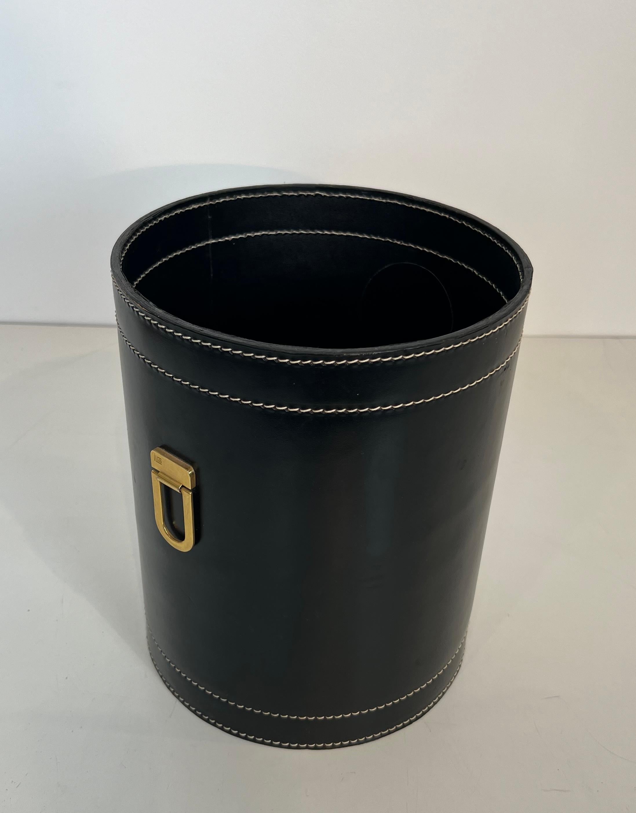 Mid-Century Modern Black Leather and Brass Waste Paper Basket in the Style of Jacques Adnet For Sale