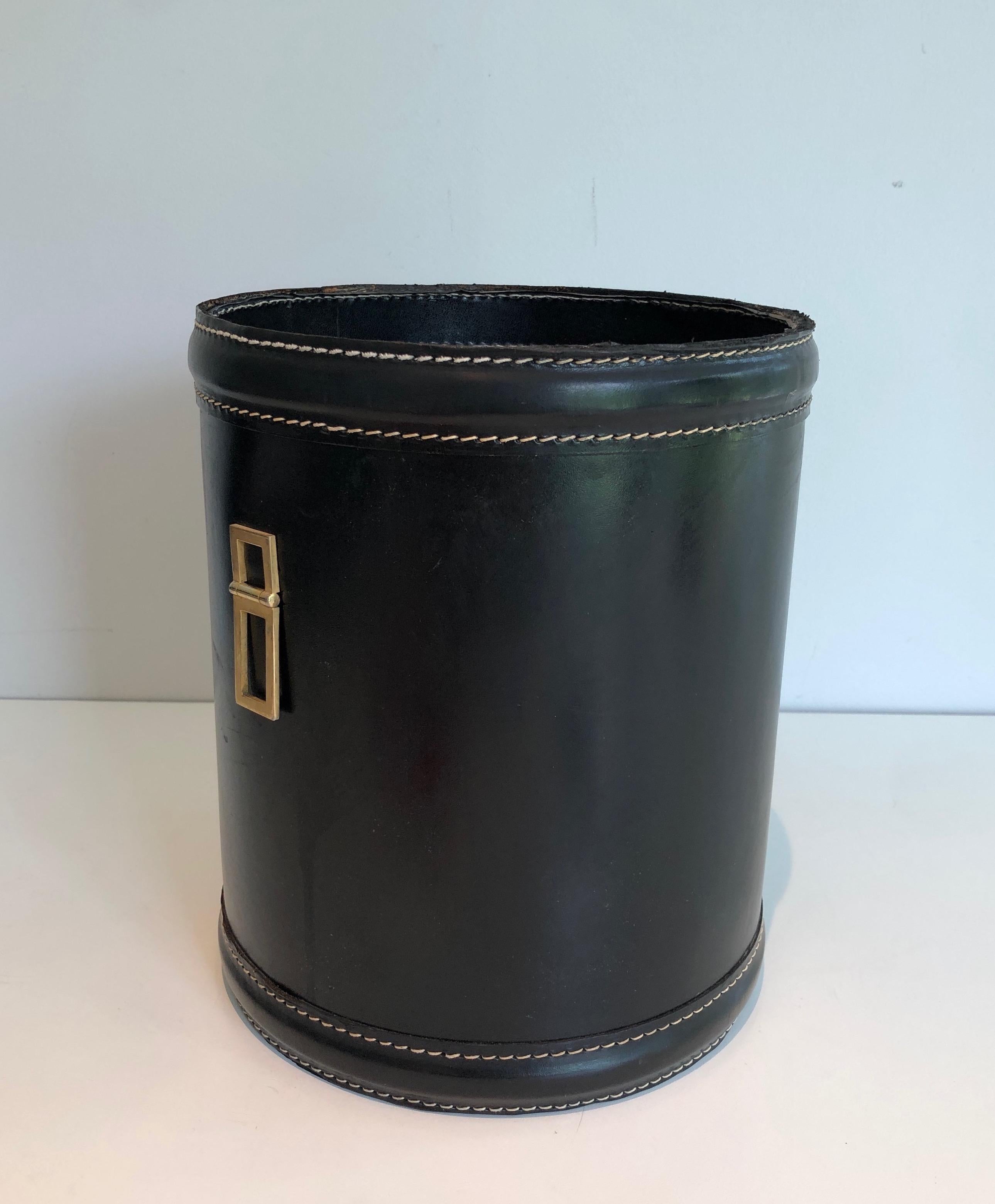 French Black Leather and Brass Waste Paper Basket in the Style of Jacques Adnet