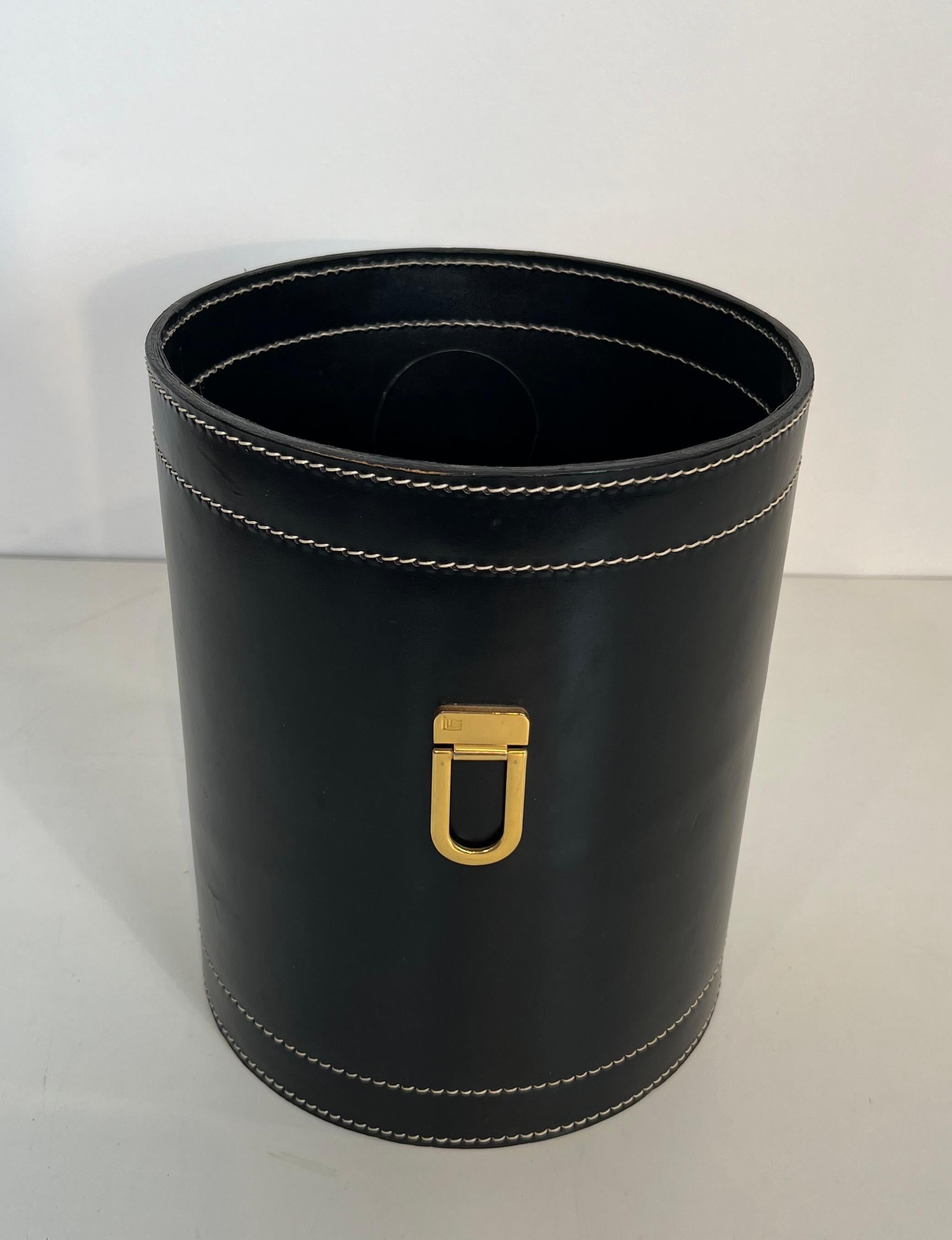 French Black Leather and Brass Waste Paper Basket in the Style of Jacques Adnet For Sale
