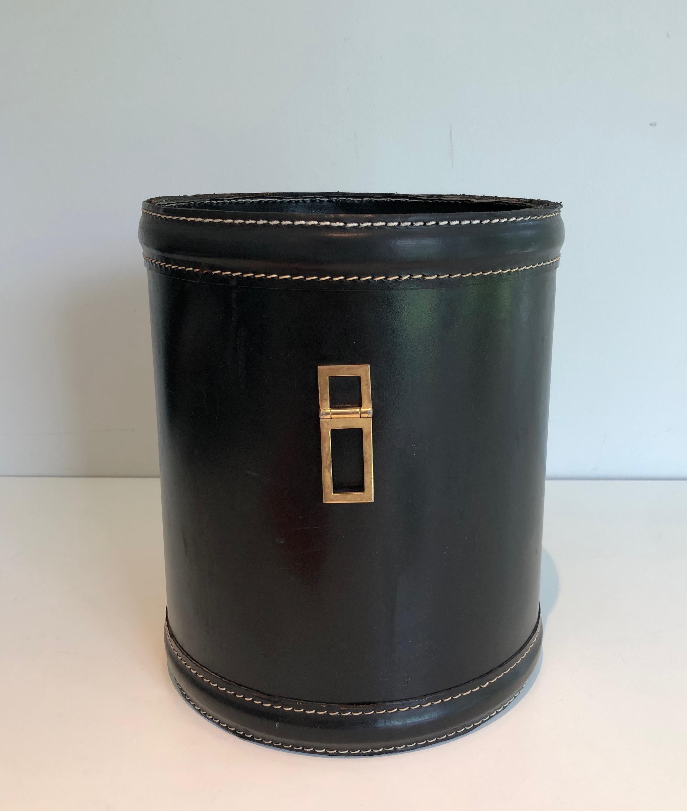 Blackened Black Leather and Brass Waste Paper Basket in the Style of Jacques Adnet
