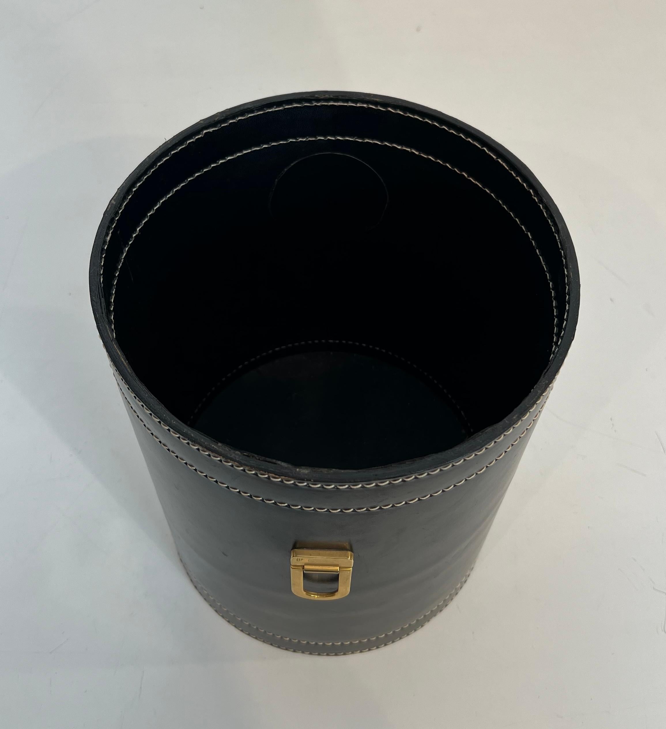 Late 20th Century Black Leather and Brass Waste Paper Basket in the Style of Jacques Adnet For Sale