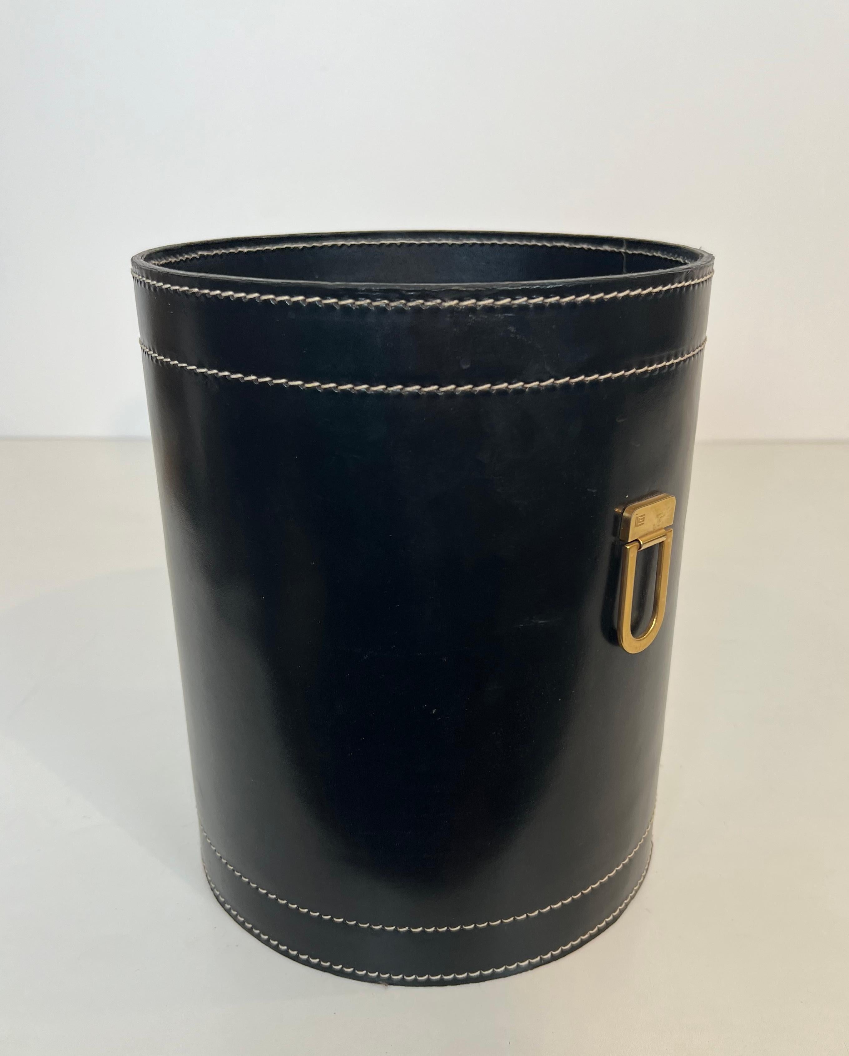 Black Leather and Brass Waste Paper Basket in the Style of Jacques Adnet For Sale 1