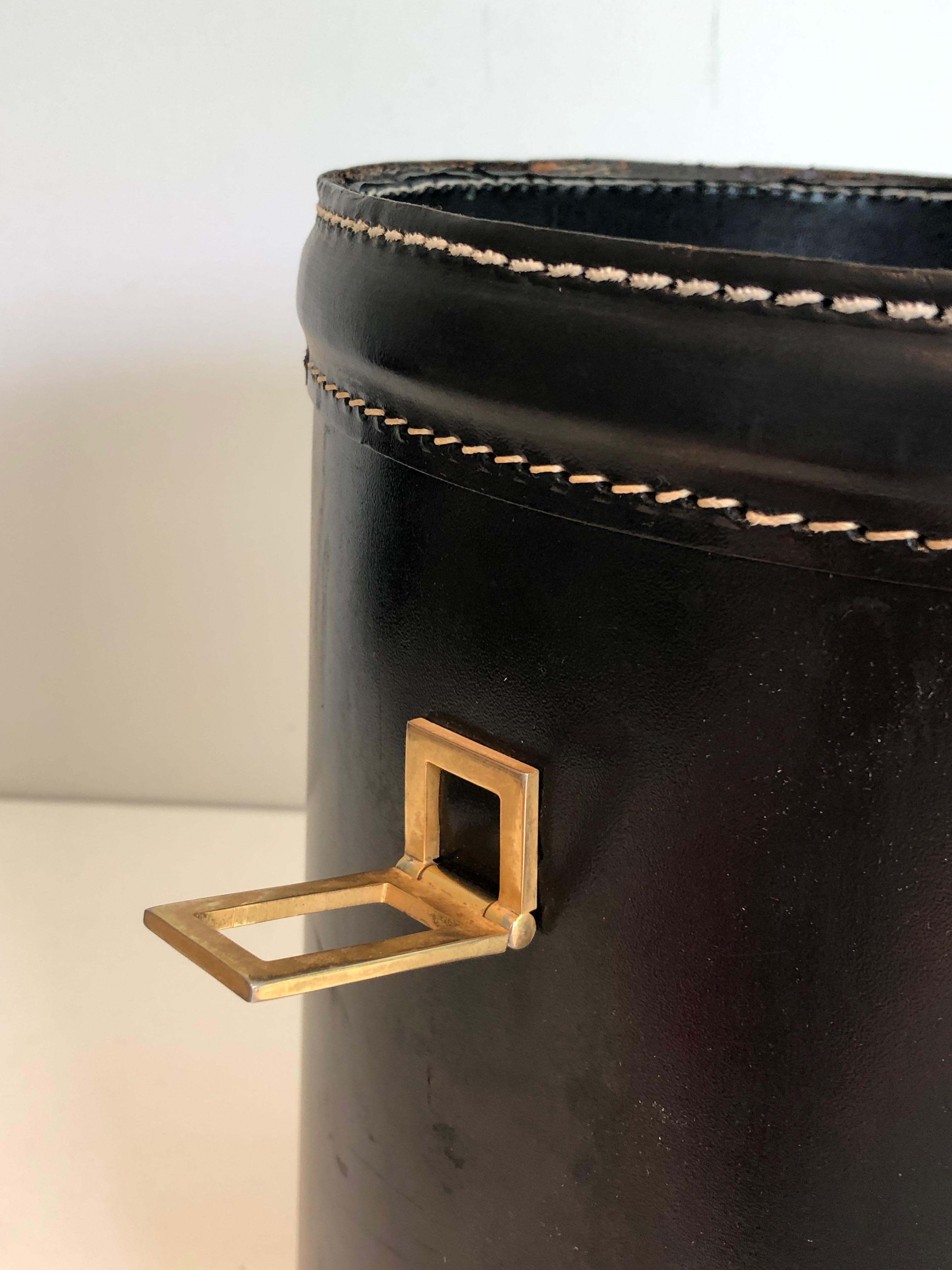 Black Leather and Brass Waste Paper Basket in the Style of Jacques Adnet 1