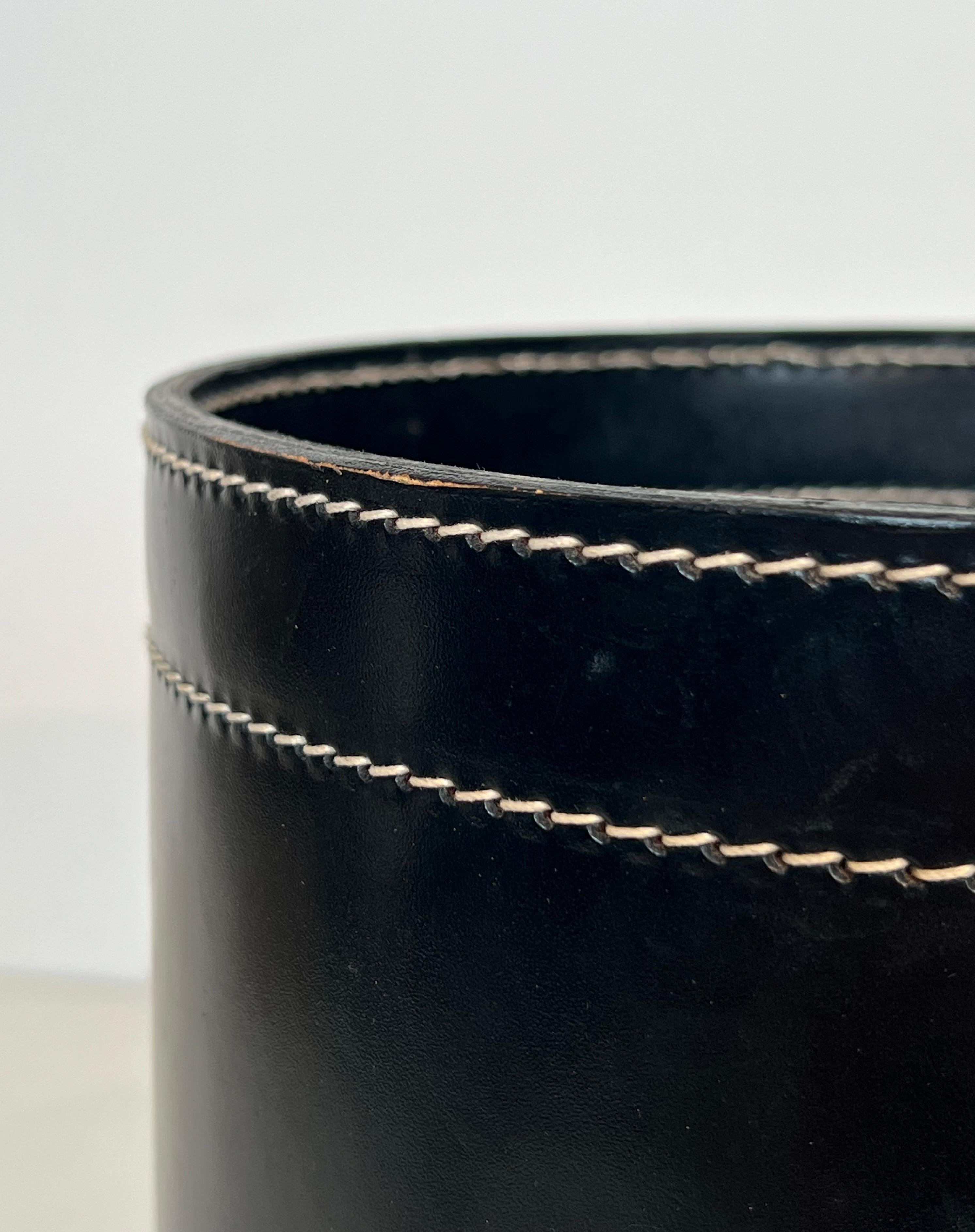 Black Leather and Brass Waste Paper Basket in the Style of Jacques Adnet For Sale 2