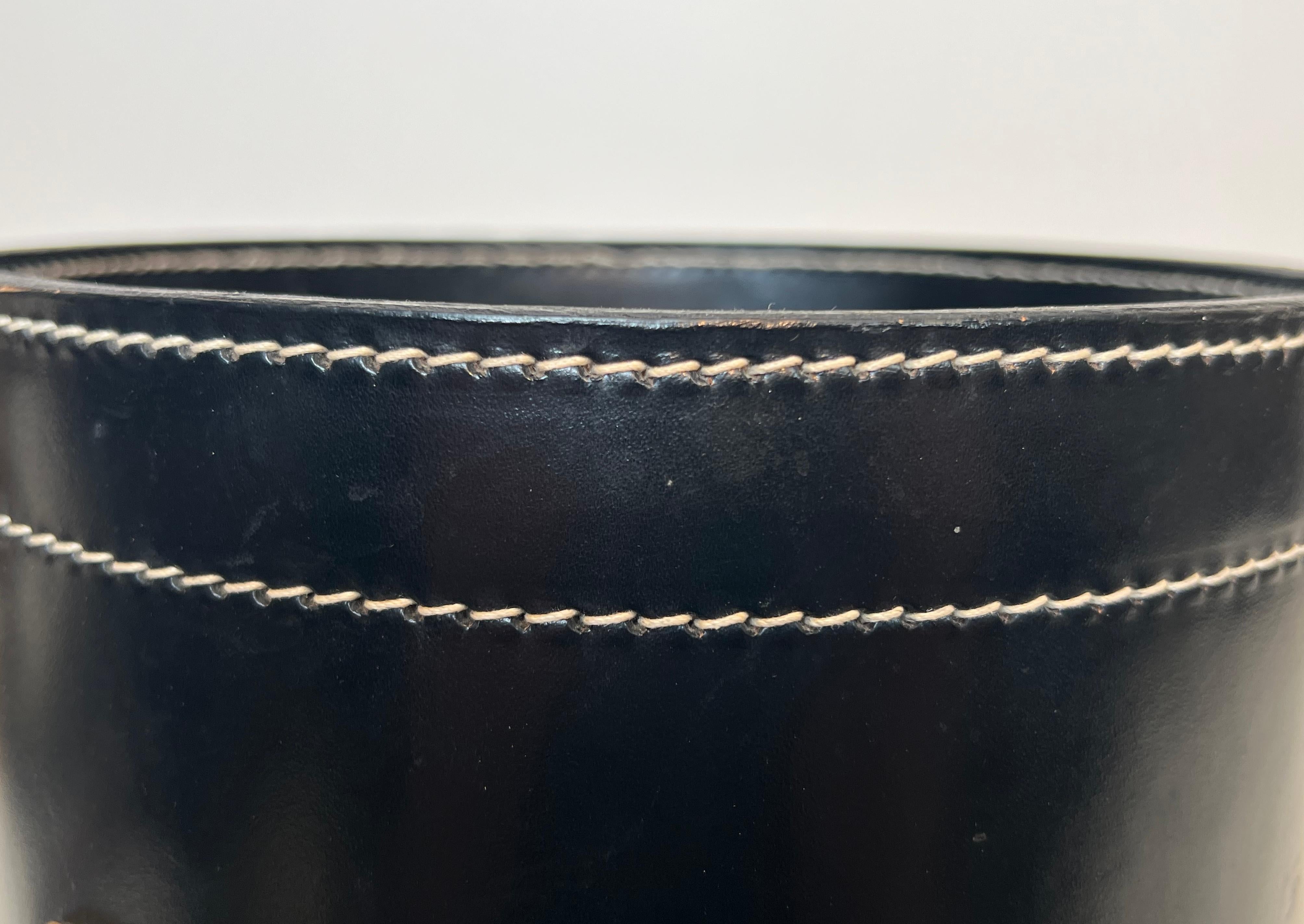 Black Leather and Brass Waste Paper Basket in the Style of Jacques Adnet For Sale 3