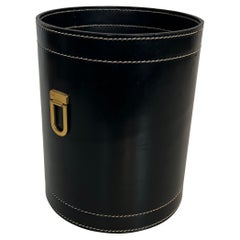 Black Leather and Brass Waste Paper Basket in the Style of Jacques Adnet