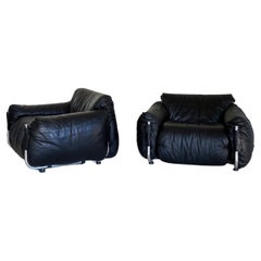 Black Leather and Chrome Armchairs, Giuseppe Munari for Poltrona Munari, Pair