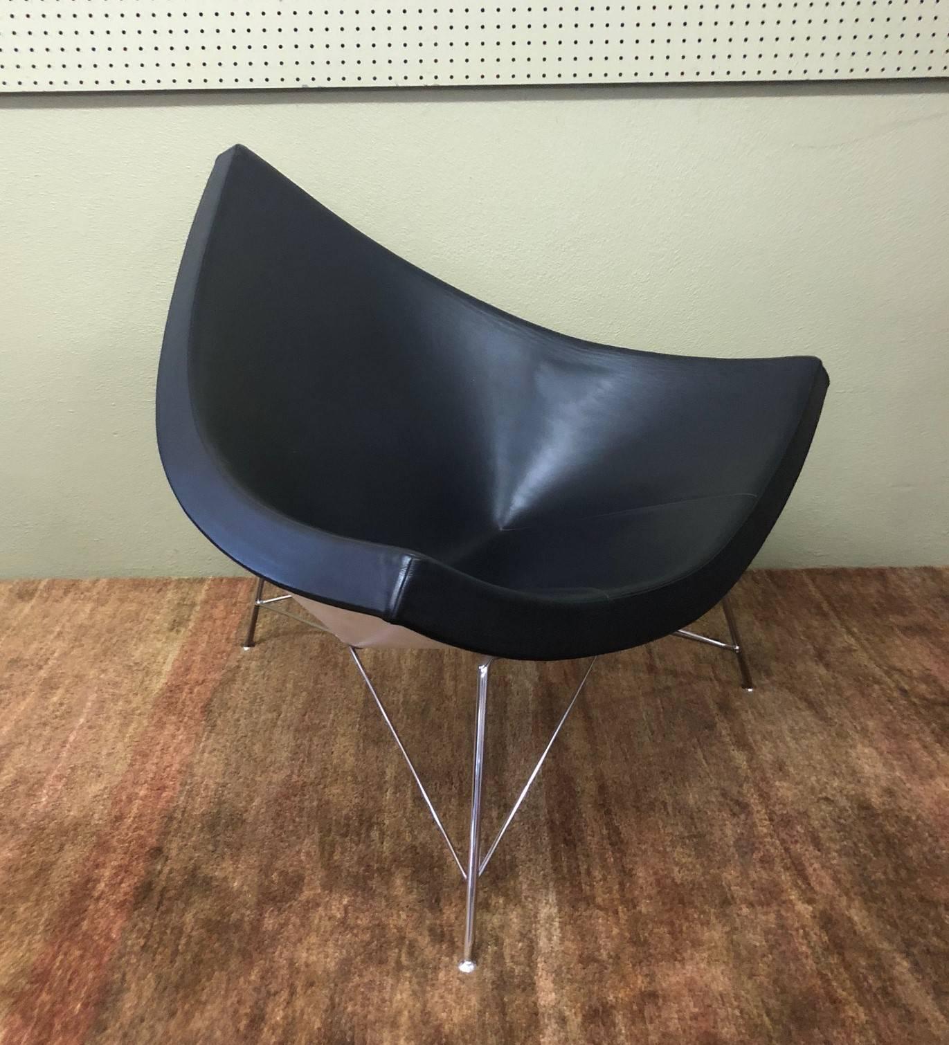 Mid-Century Modern Black Leather and Chrome Coconut Chair by George Nelson for Herman Miller