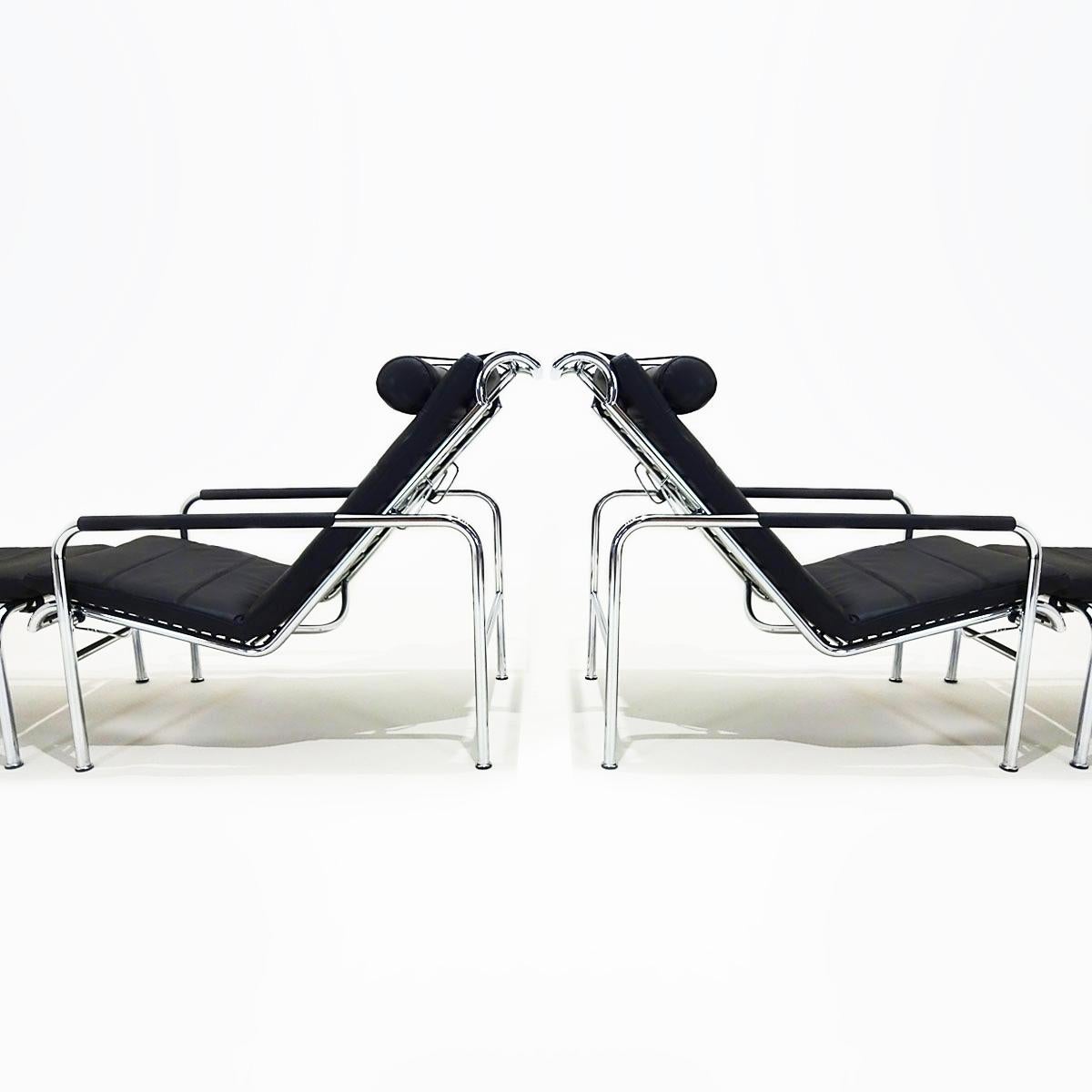 Black Leather and Chrome Gabriele Mucchi Genni Reclining Chair and Ottoman 6