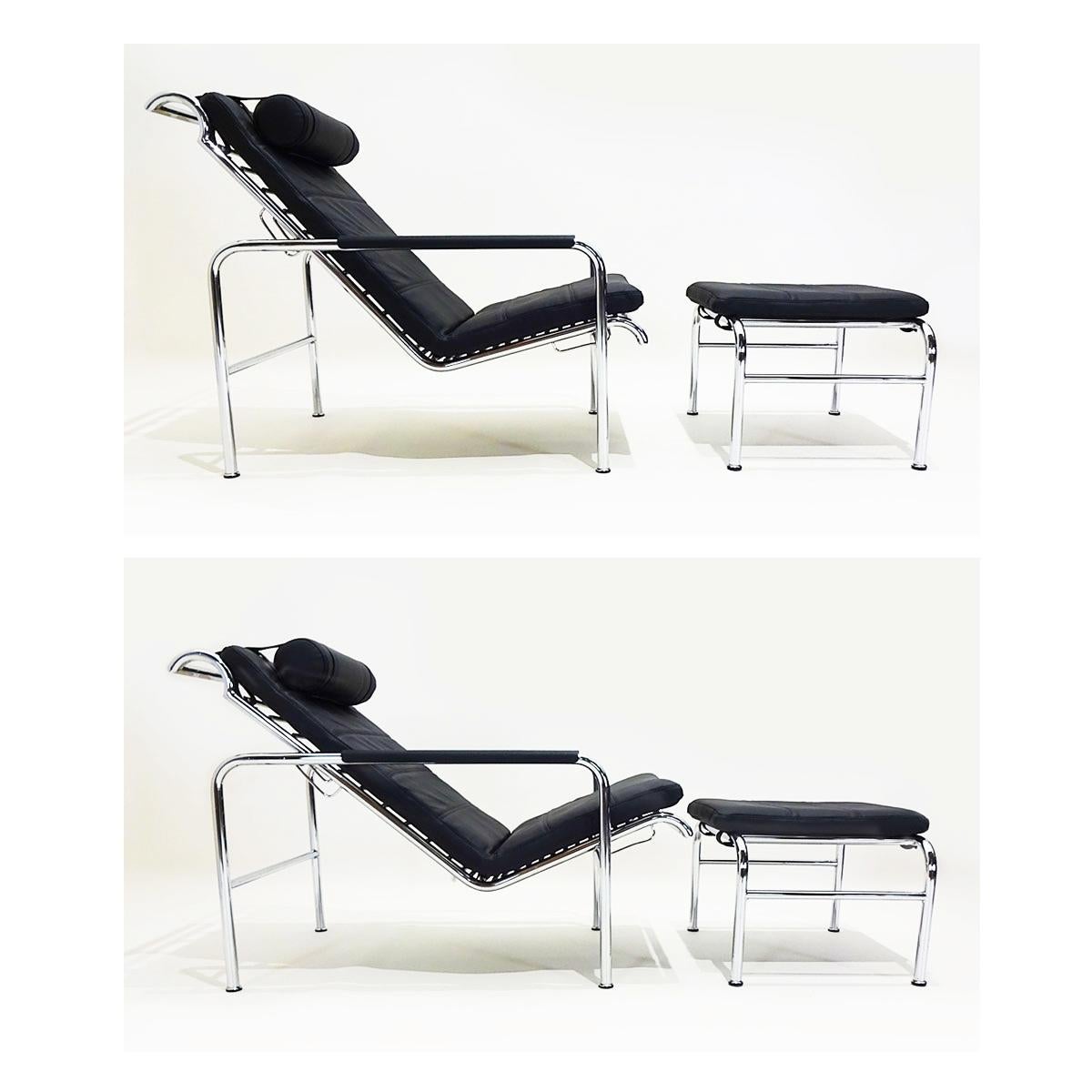 Bauhaus Black Leather and Chrome Gabriele Mucchi Genni Reclining Chair and Ottoman