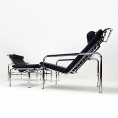 Black Leather and Chrome Gabriele Mucchi Genni Reclining Chairs and Ottomans