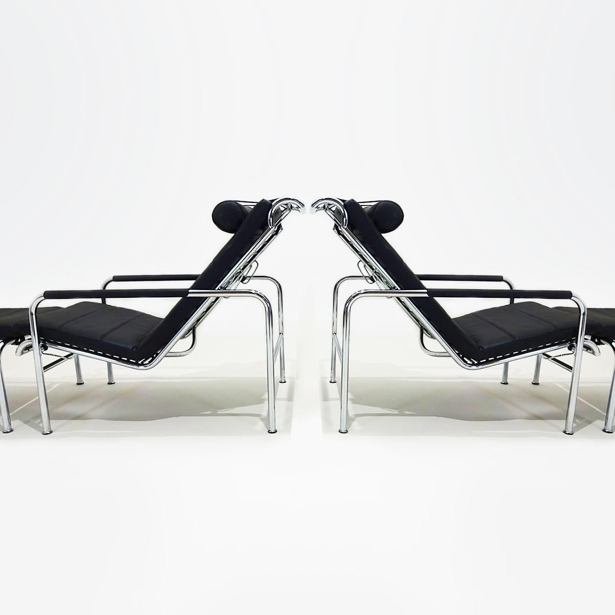 Italian Black Leather and Chrome Gabriele Mucchi Genni Reclining Chairs and Ottomans