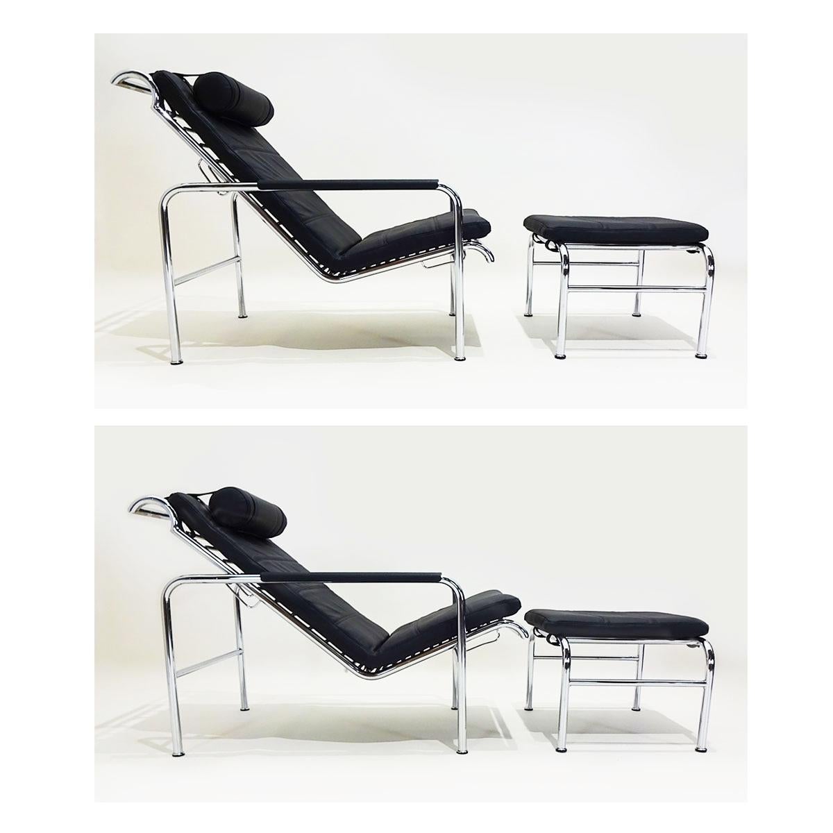 Black Leather and Chrome Gabriele Mucchi Genni Reclining Chairs and Ottomans 3