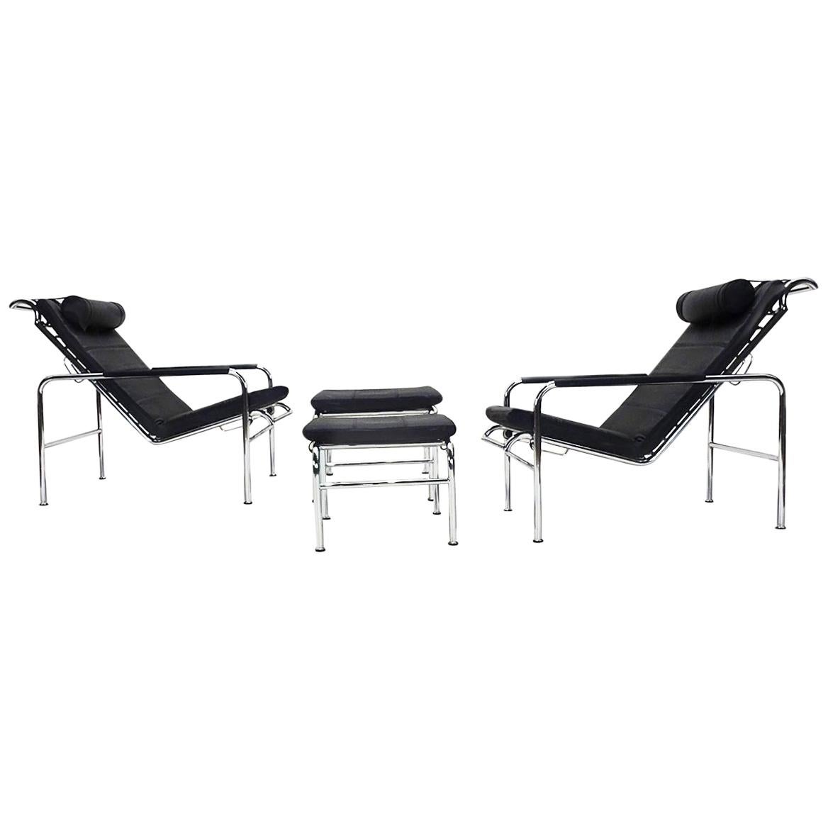 Black Leather and Chrome Gabriele Mucchi Genni Reclining Chairs and Ottomans