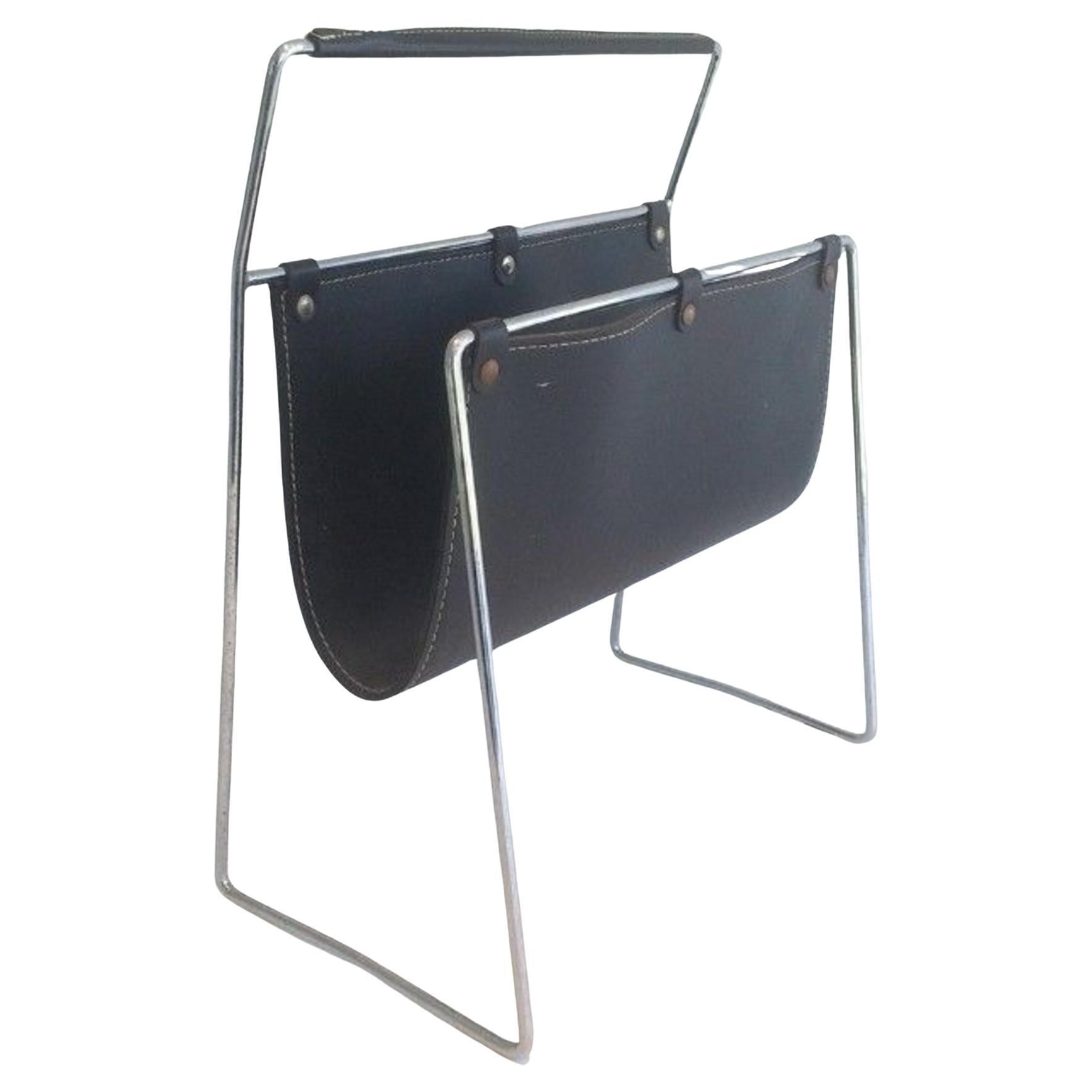 Black Leather and Chrome Magazine rack For Sale