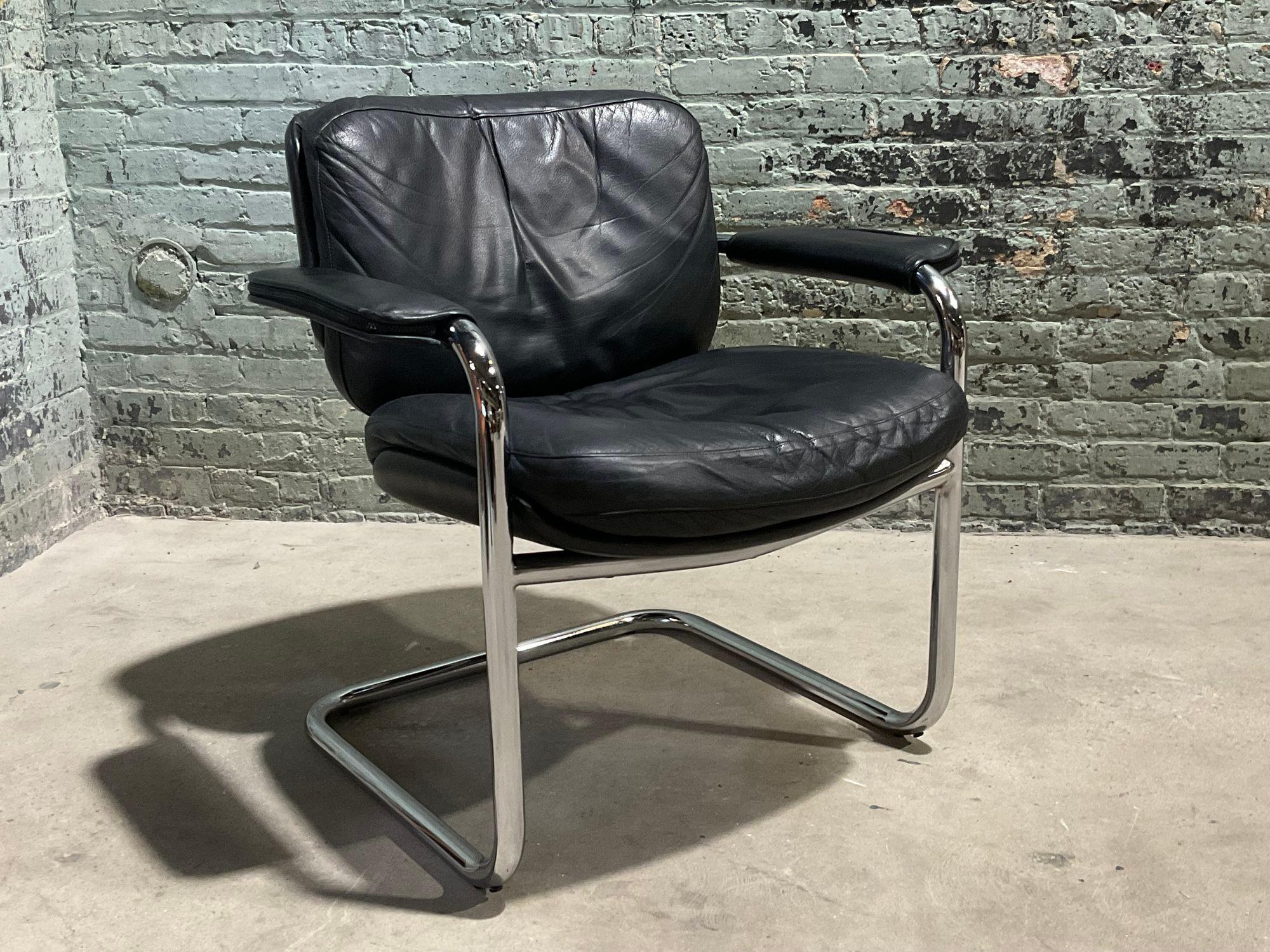 Black Leather and Chrome Side Chair. Original leather.