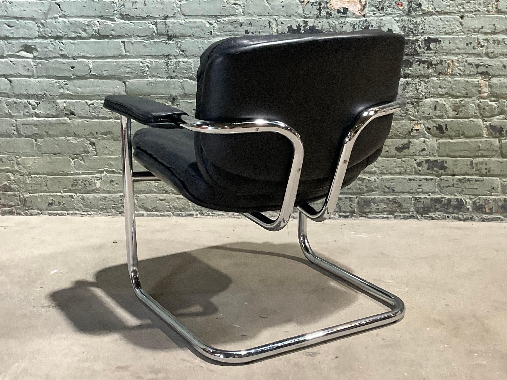 American Black Leather and Chrome Side Chair, 1970 For Sale