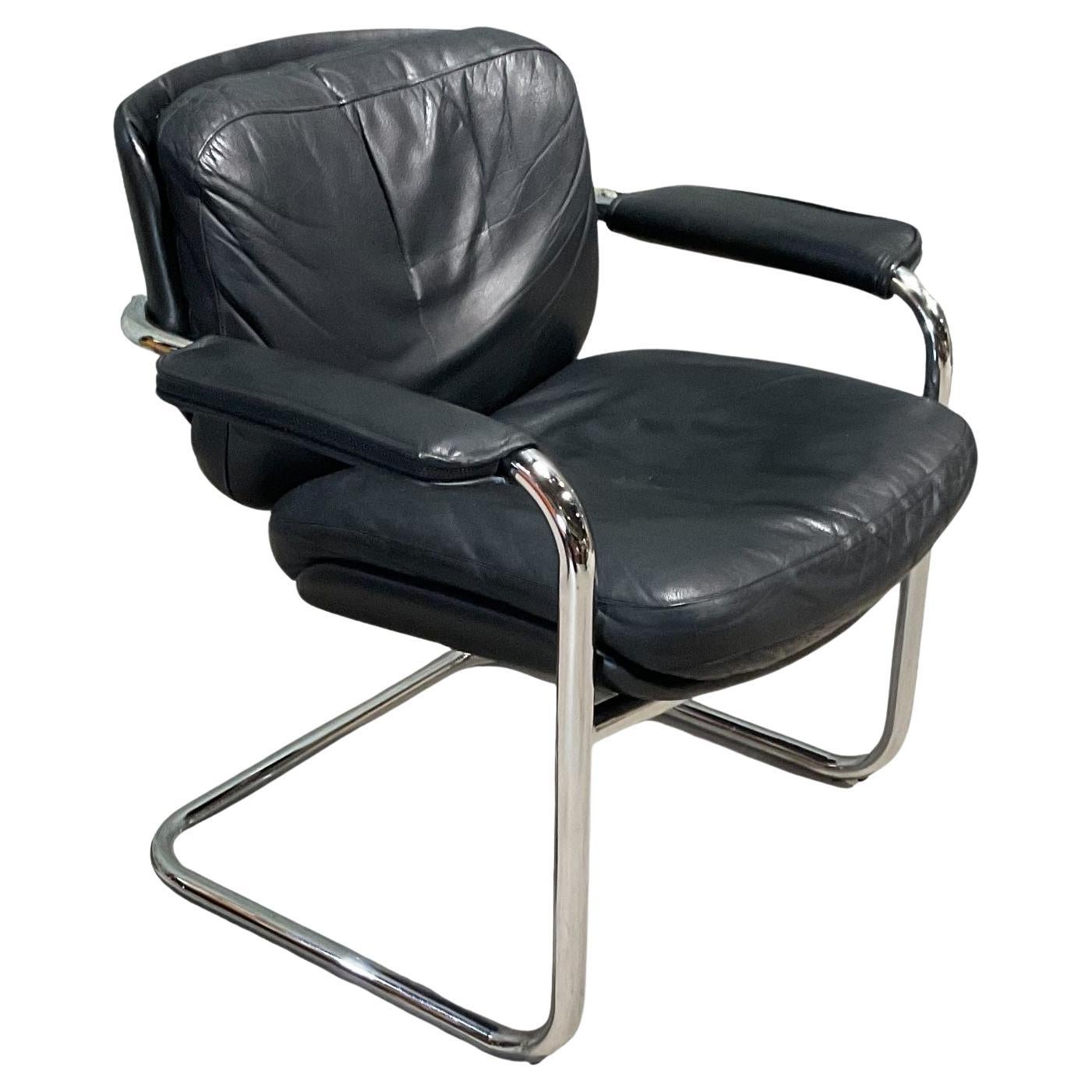 Black Leather and Chrome Side Chair, 1970 For Sale
