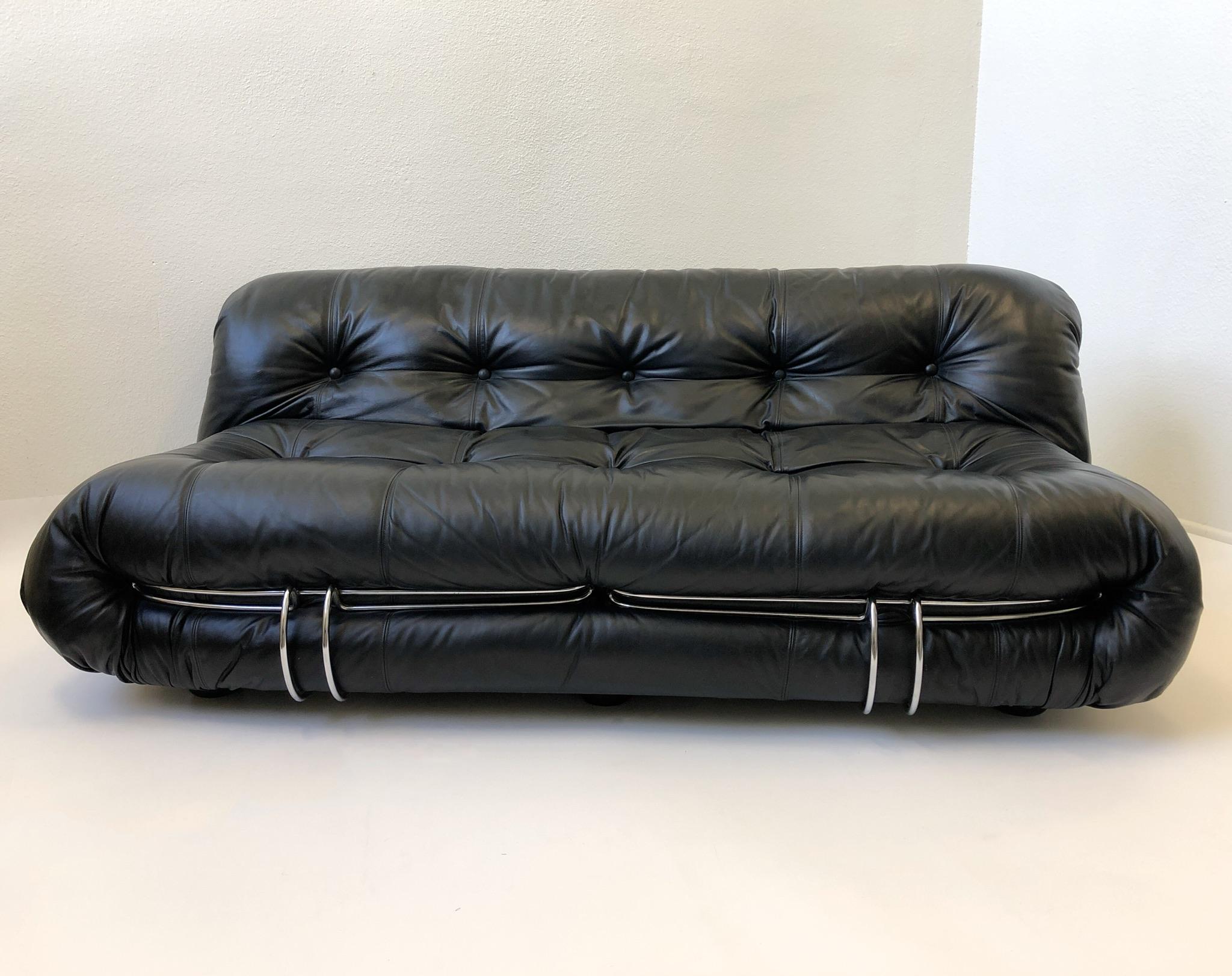 Black Leather and Chrome ‘soriana’ Set By Scarpa for Cassina In Excellent Condition In Palm Springs, CA
