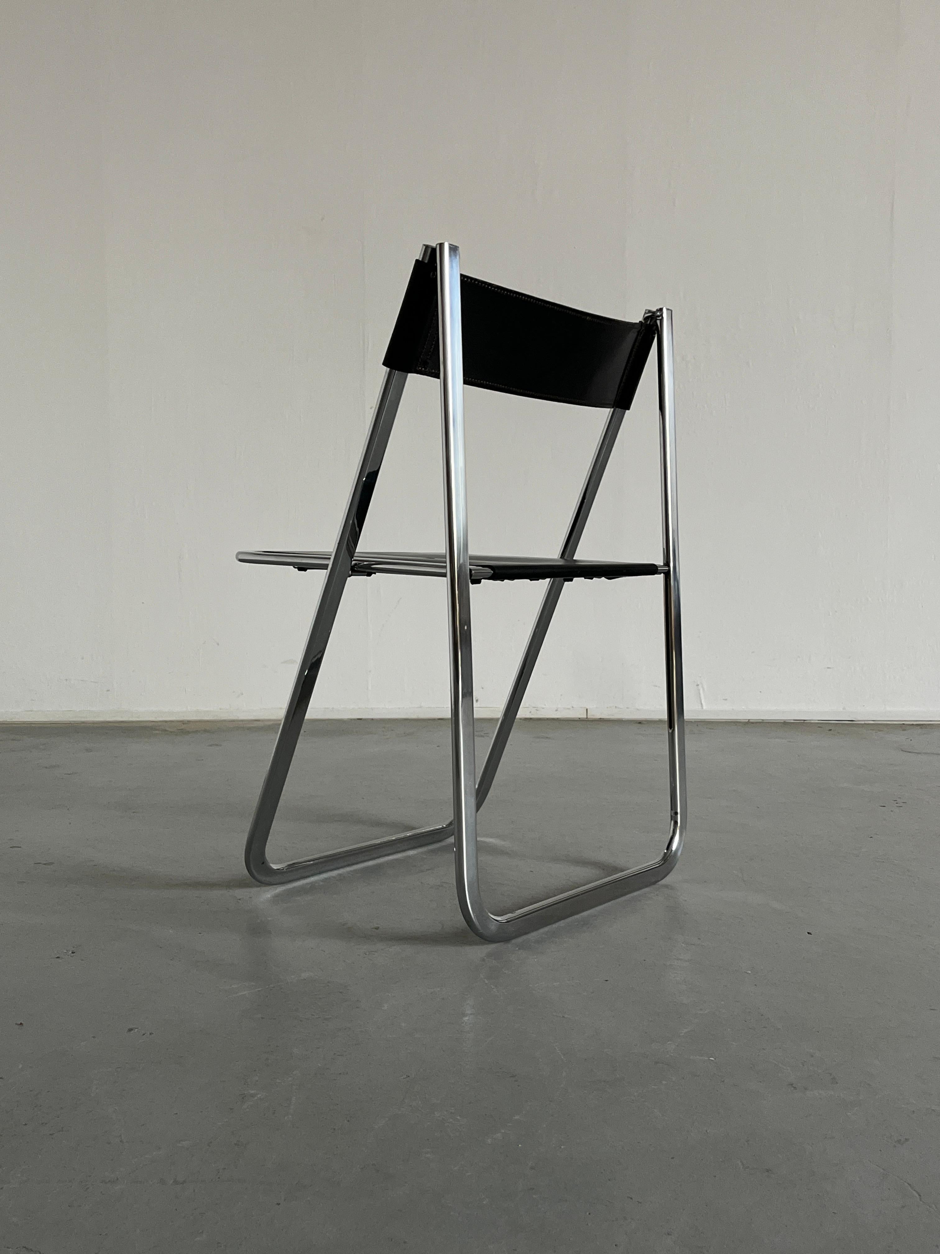 Italian Black Leather and Chrome 'Tamara' Folding Chair by Arrben Italy, 1970s