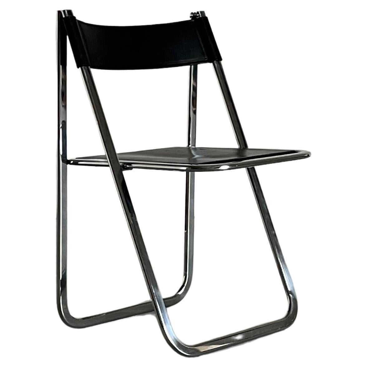 Black Leather and Chrome 'Tamara' Folding Chair by Arrben Italy, 1970s