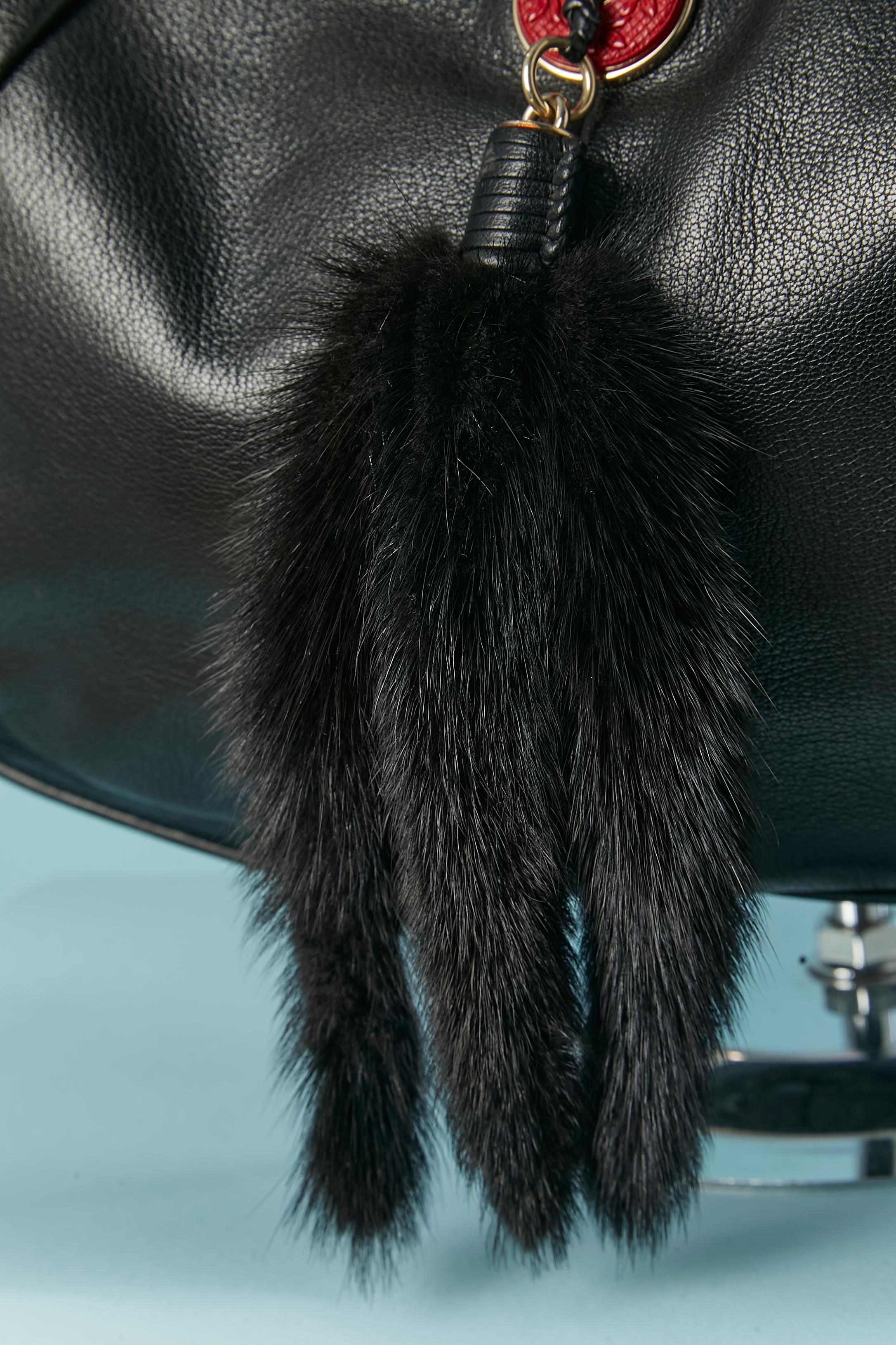 Women's Black leather and mink Mombasa shoulder bag with red handle YSL Rive Gauche