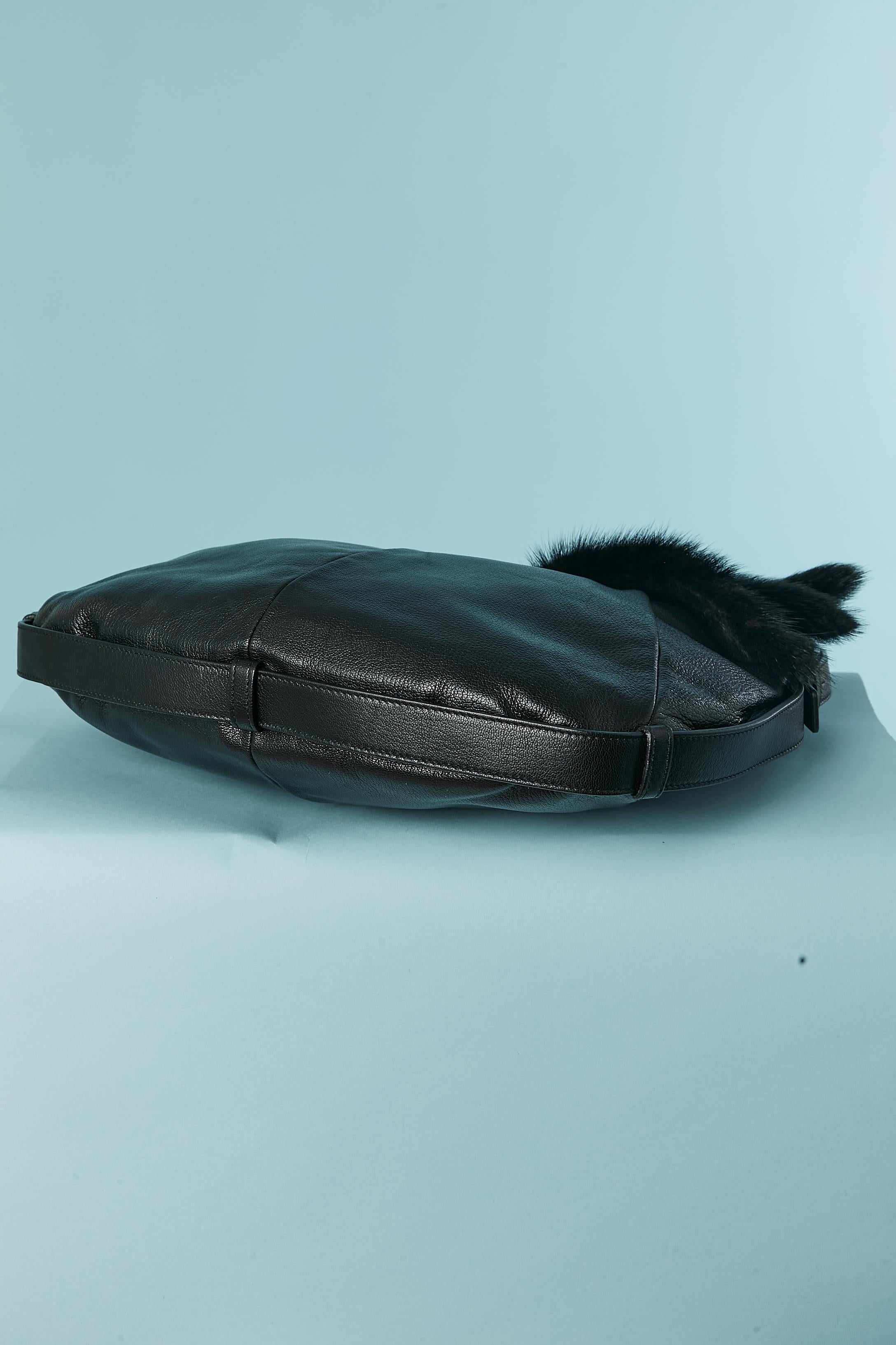 Black leather and mink Mombasa shoulder bag with red handle YSL Rive Gauche 3