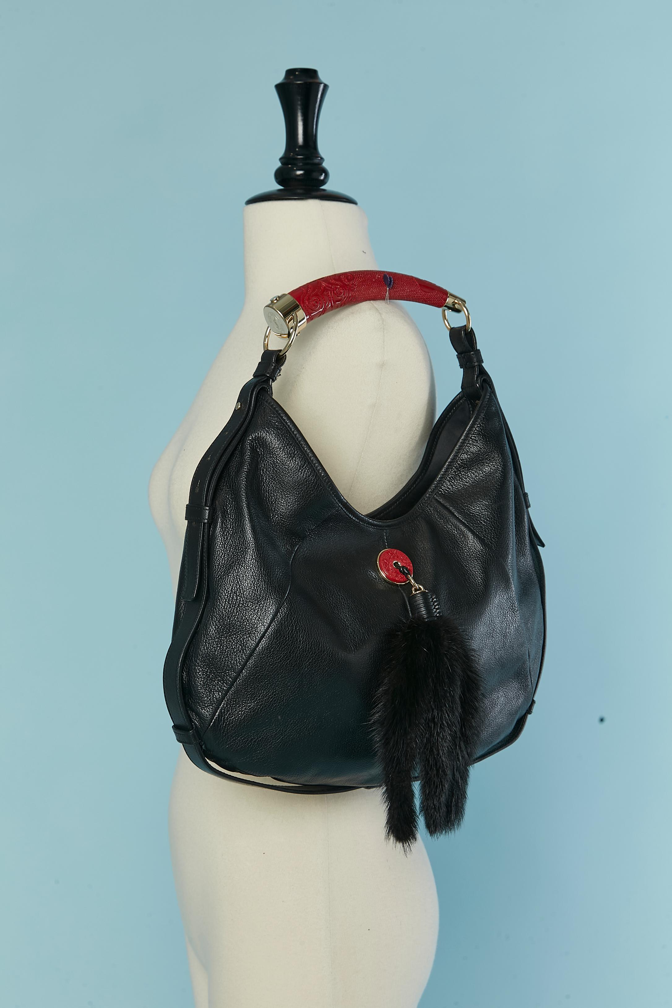 Black leather and mink Mombasa shoulder bag with red handle YSL Rive Gauche 4
