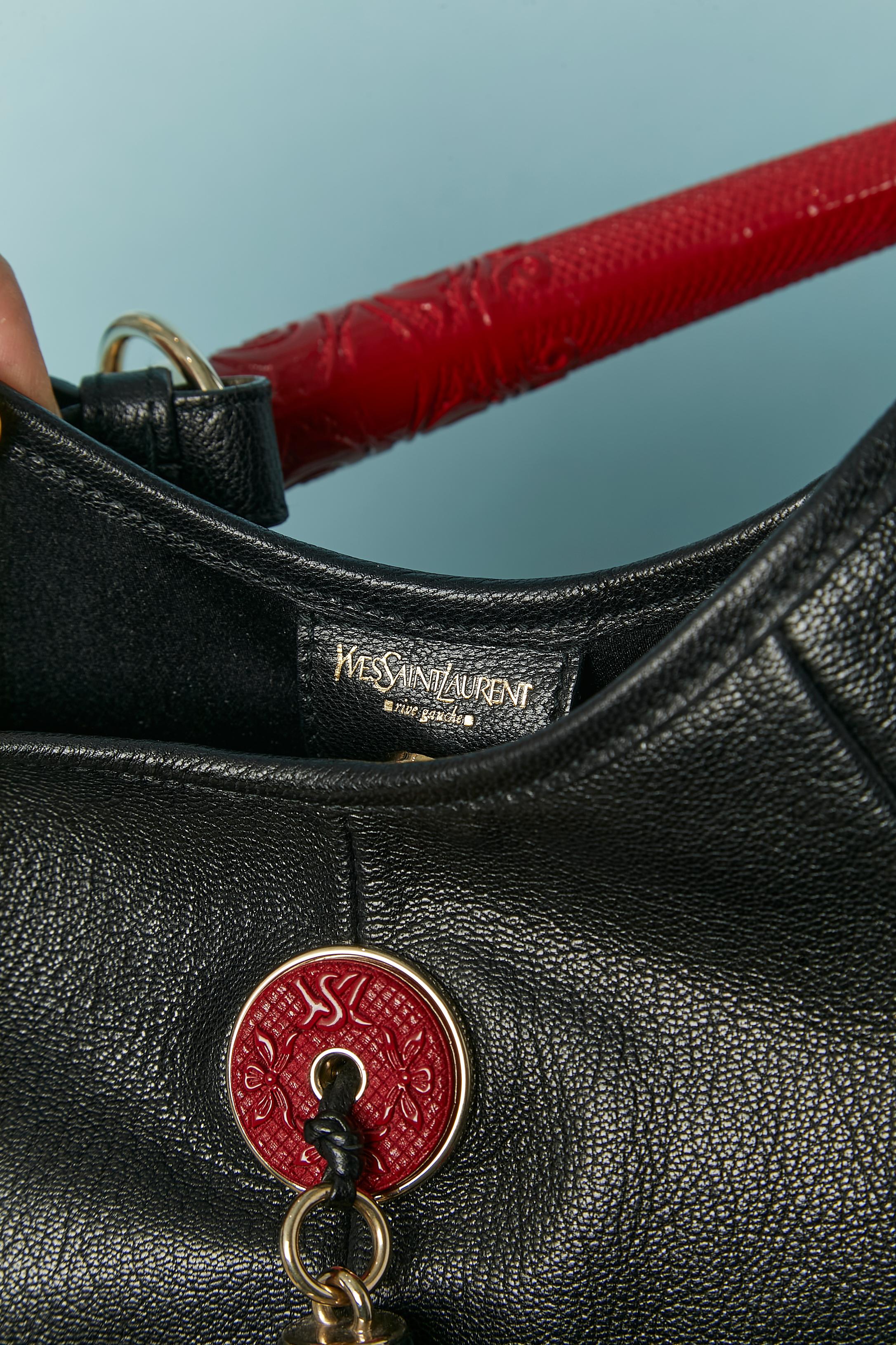 Black leather and mink Mombasa shoulder bag with red handle YSL Rive Gauche 5