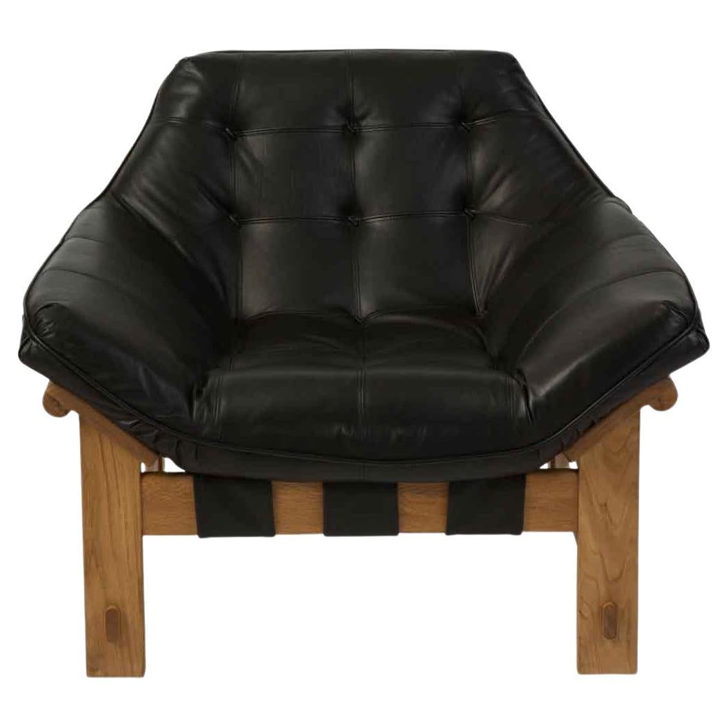 Black Leather and Oak Ojai Lounge Chair by Lawson-Fenning For Sale