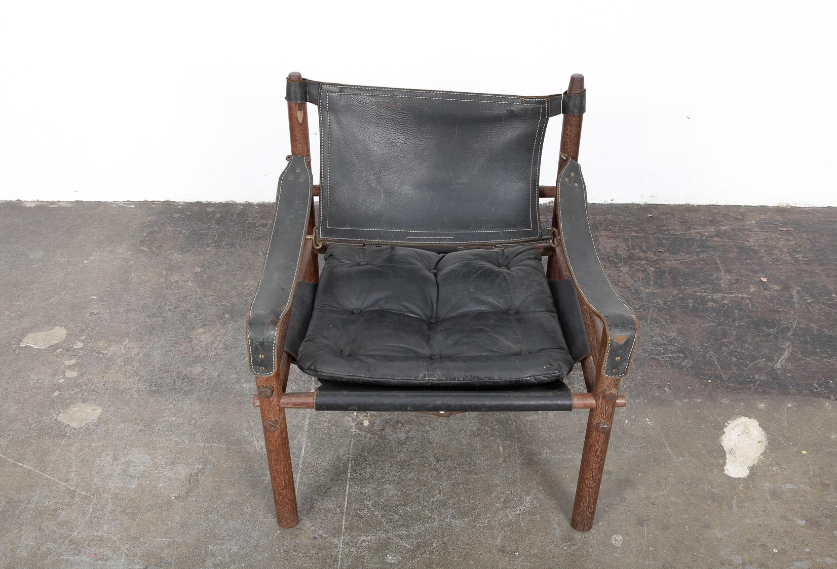Swedish Black Leather and Oak Safari Chair by Arne Norell for Norell AB